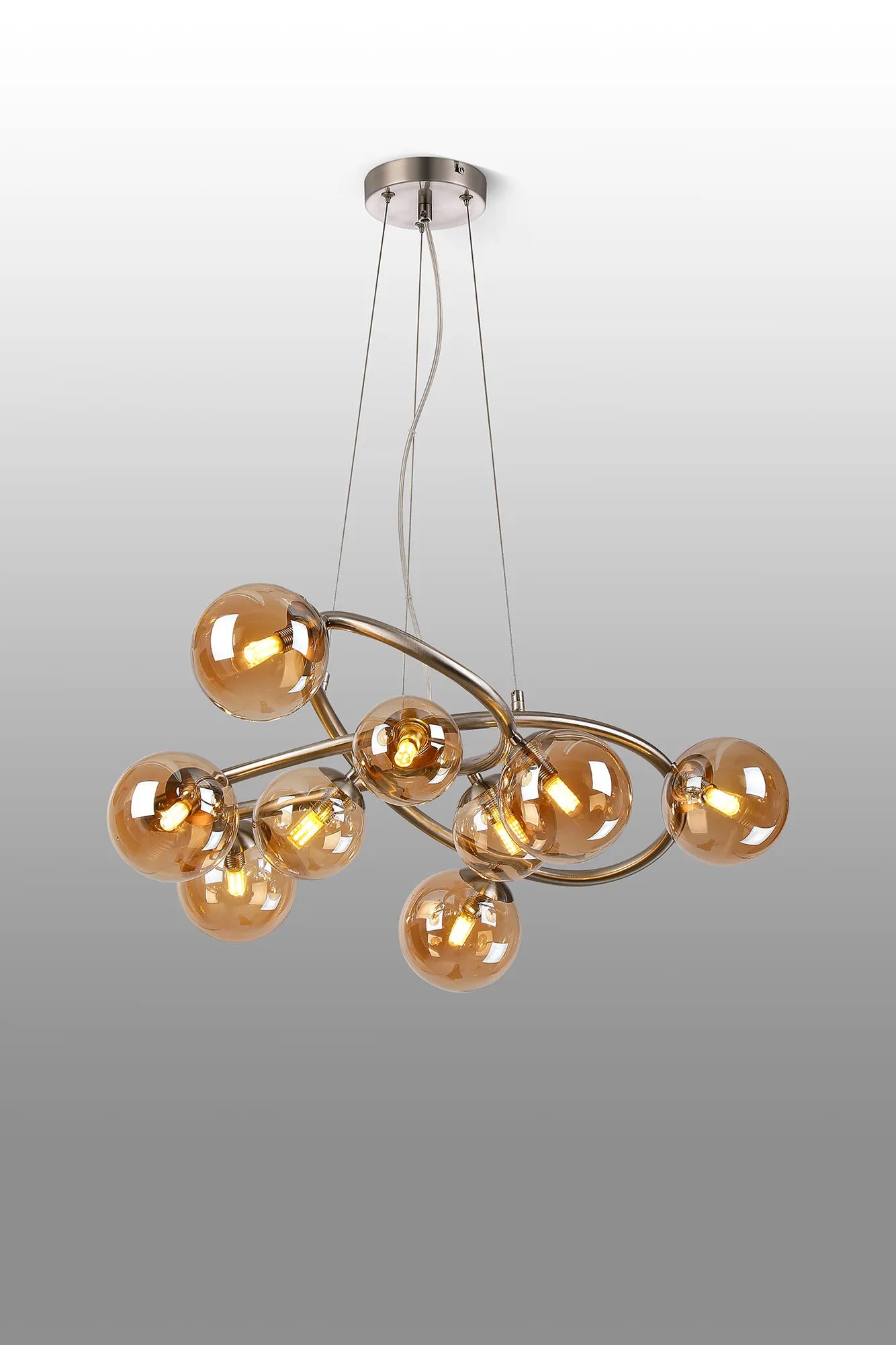 Deacon Twisted Pendant 9 Light - Satin Nickel Amber Plated Glass