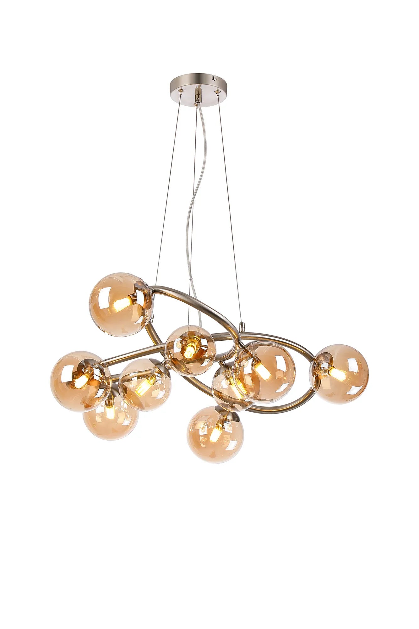 Deacon Twisted Pendant 9 Light - Satin Nickel Amber Plated Glass