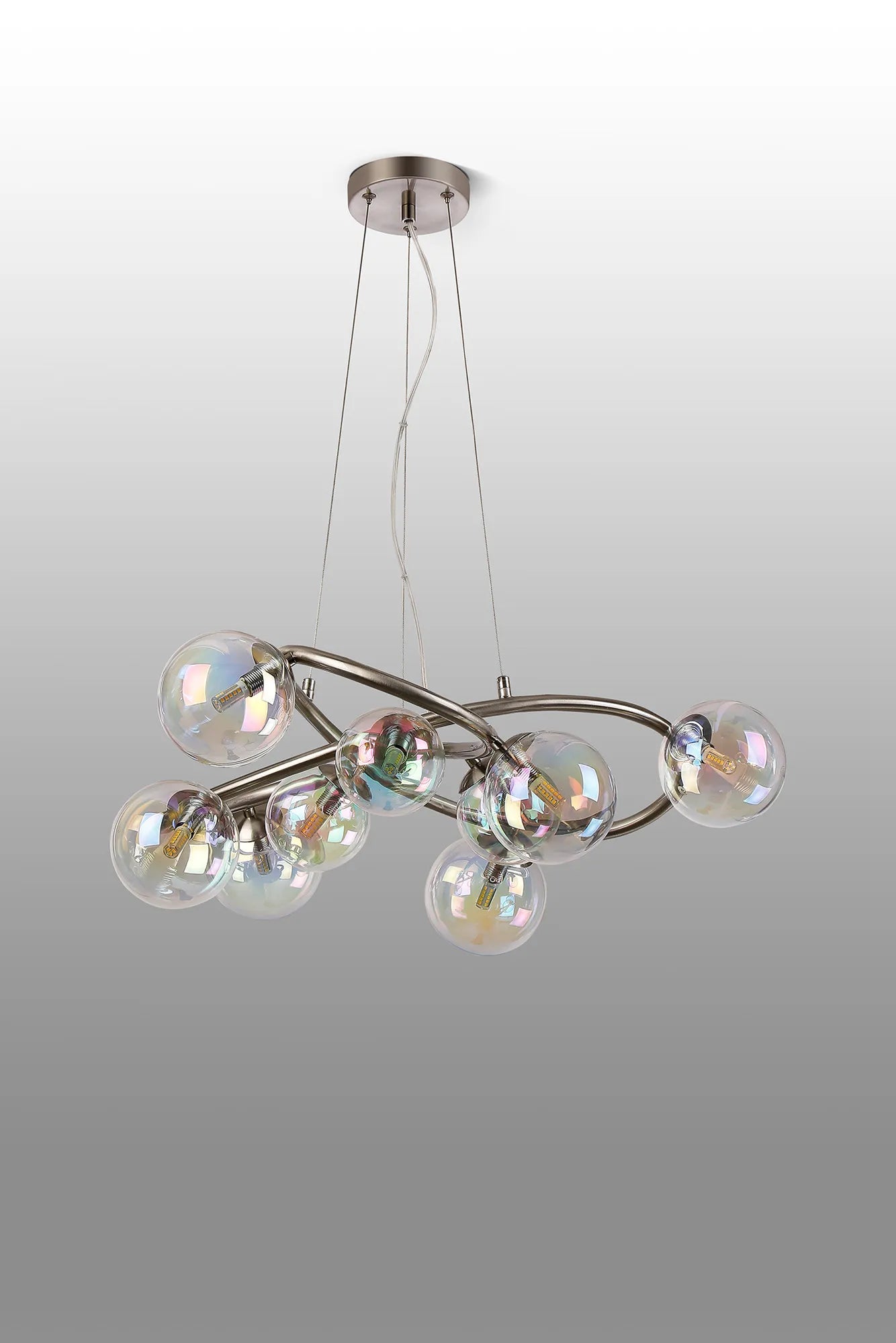 Deacon Twisted Pendant 9 Light - Satin Nickel Iridescent Plated Glass