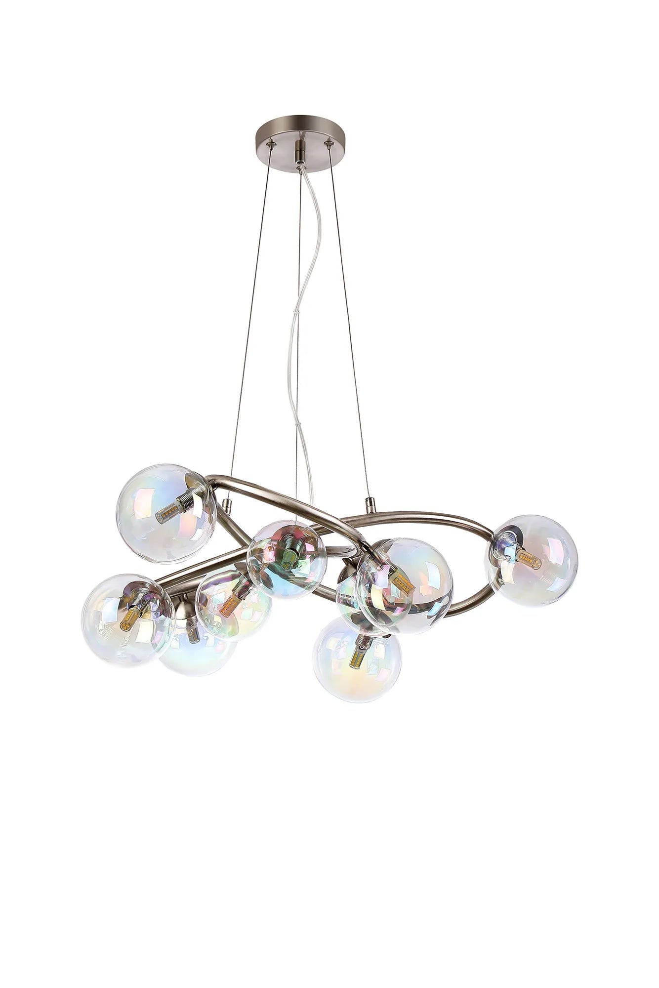 Deacon Twisted Pendant 9 Light - Satin Nickel Iridescent Plated Glass