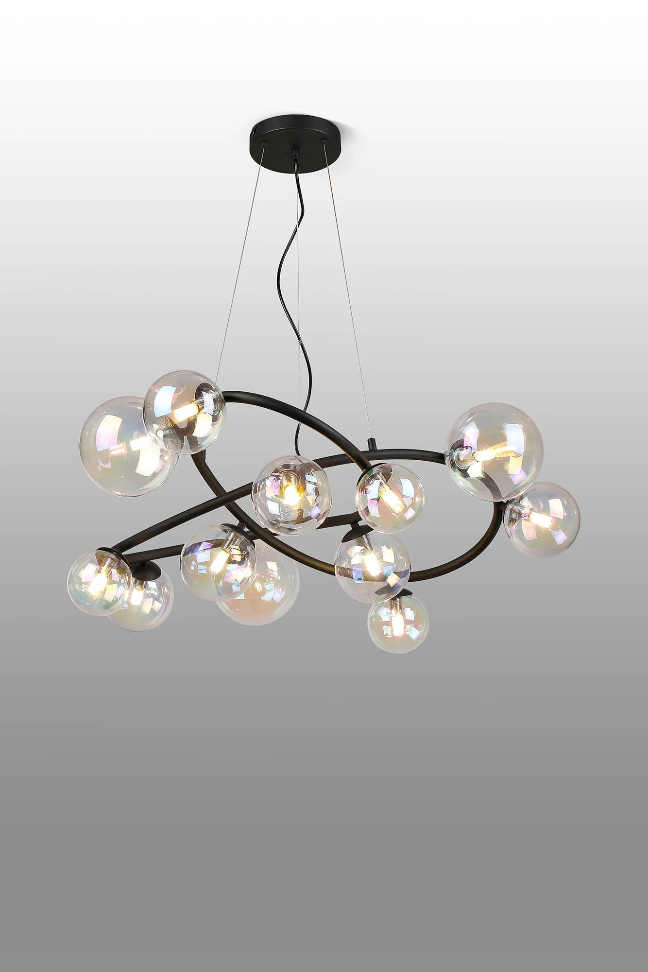 Deacon Twisted Pendant 12 Light - Satin Black Iridescent Plated Glass