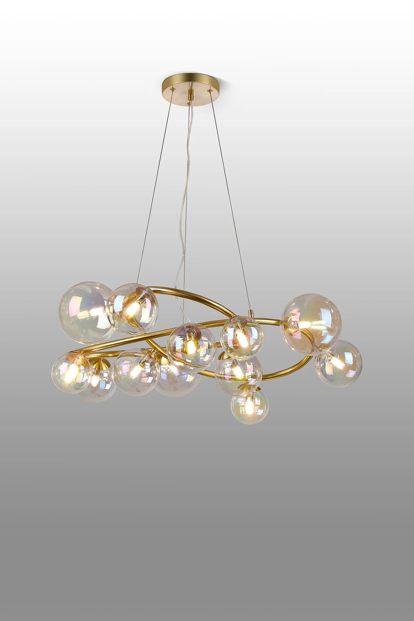 Deacon Twisted Pendant 12 Light - Satin Gold Iridescent Plated Glass