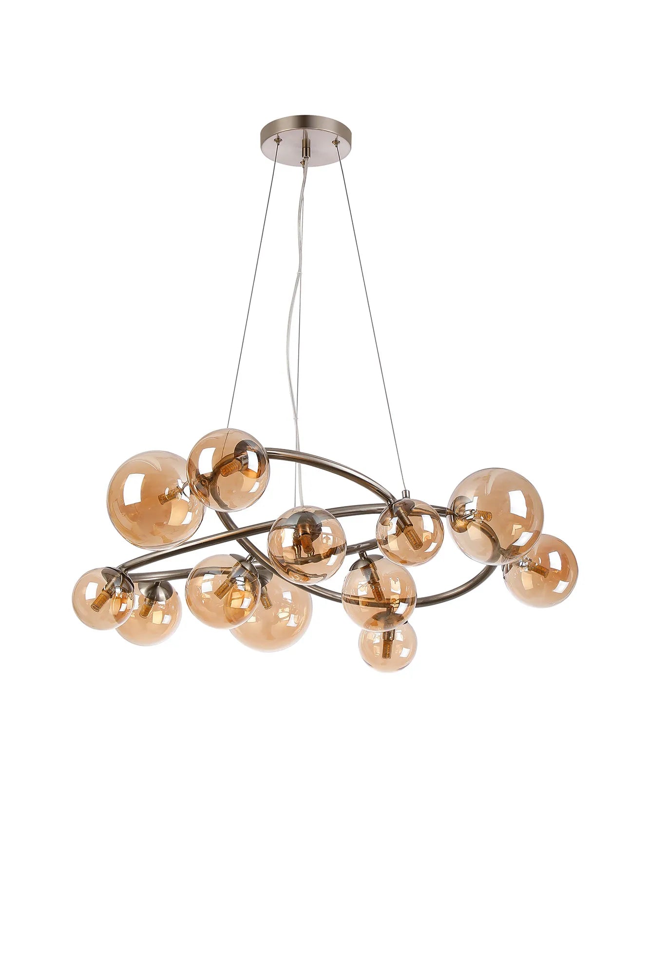 Deacon Twisted Pendant 12 Light - Satin Nickel Amber Plated Glass