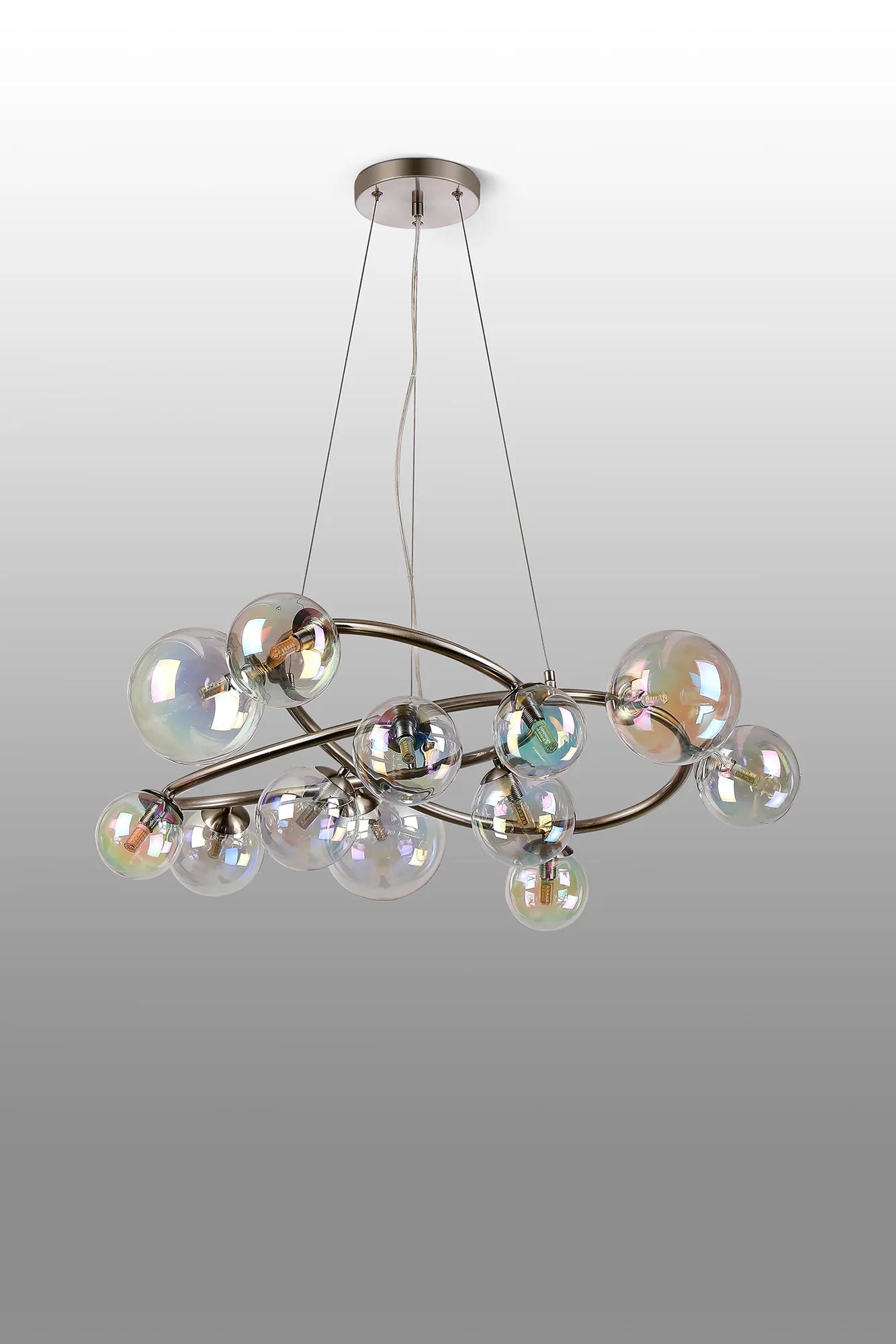 Deacon Twisted Pendant 12 Light - Satin Nickel Iridescent Plated Glass