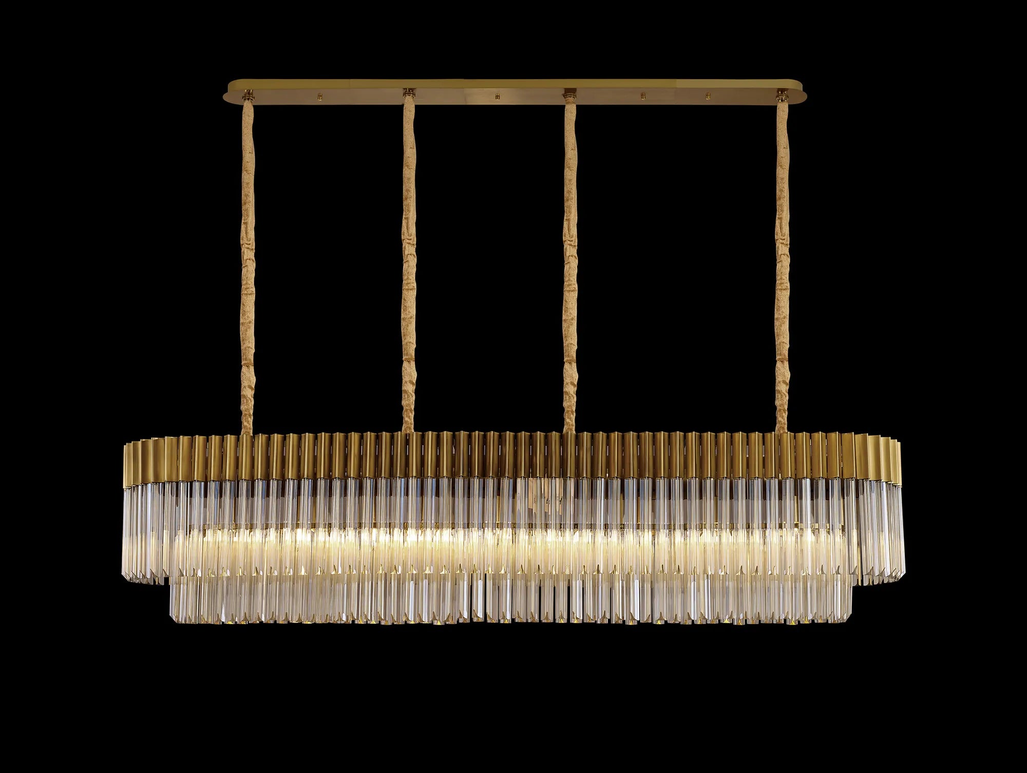Cedar 180 x 40cm Linear Pendant 9 Light - Brass & Cognac Sculpted Glass