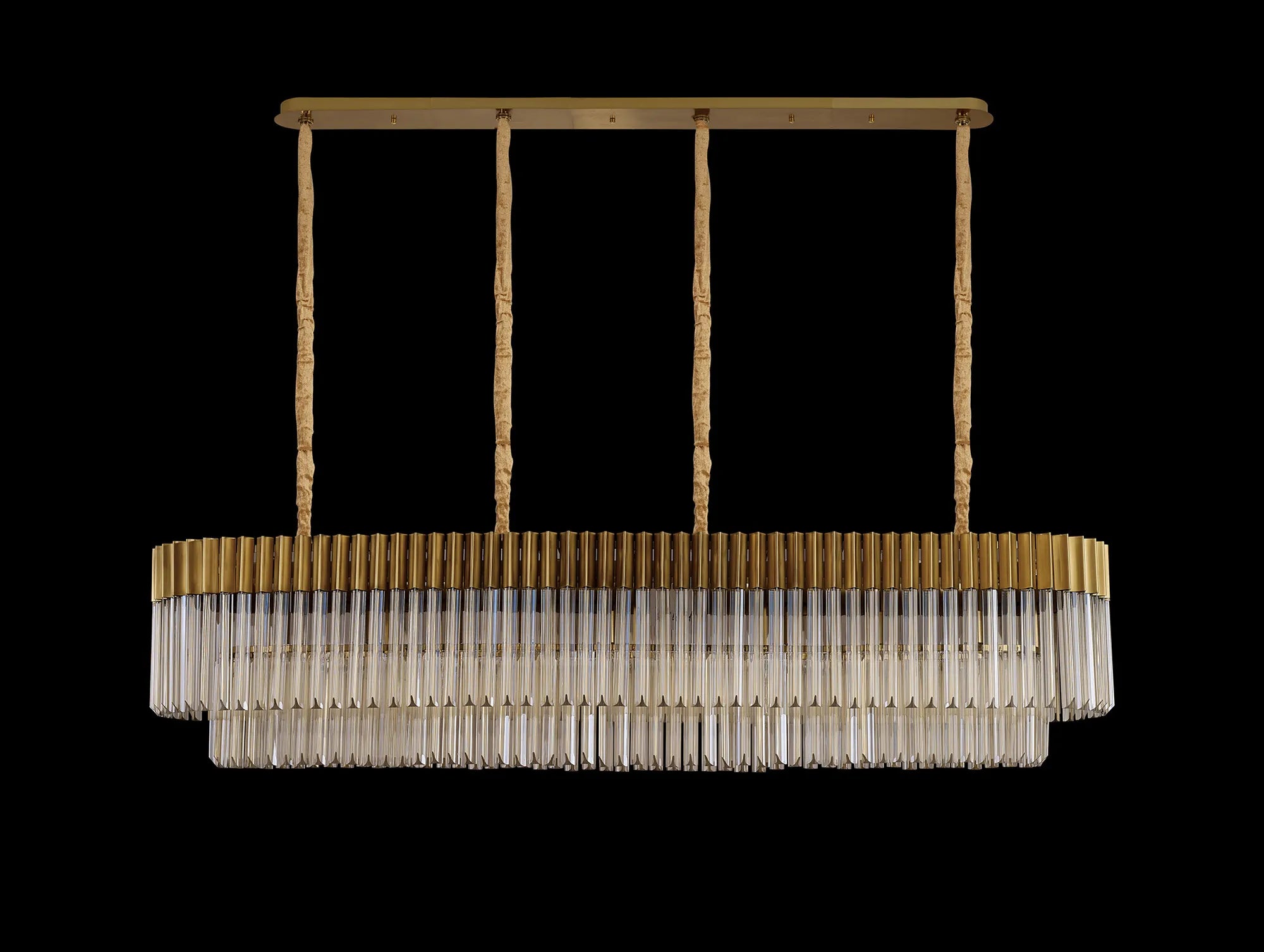 Cedar 180 x 40cm Linear Pendant 9 Light - Brass & Cognac Sculpted Glass