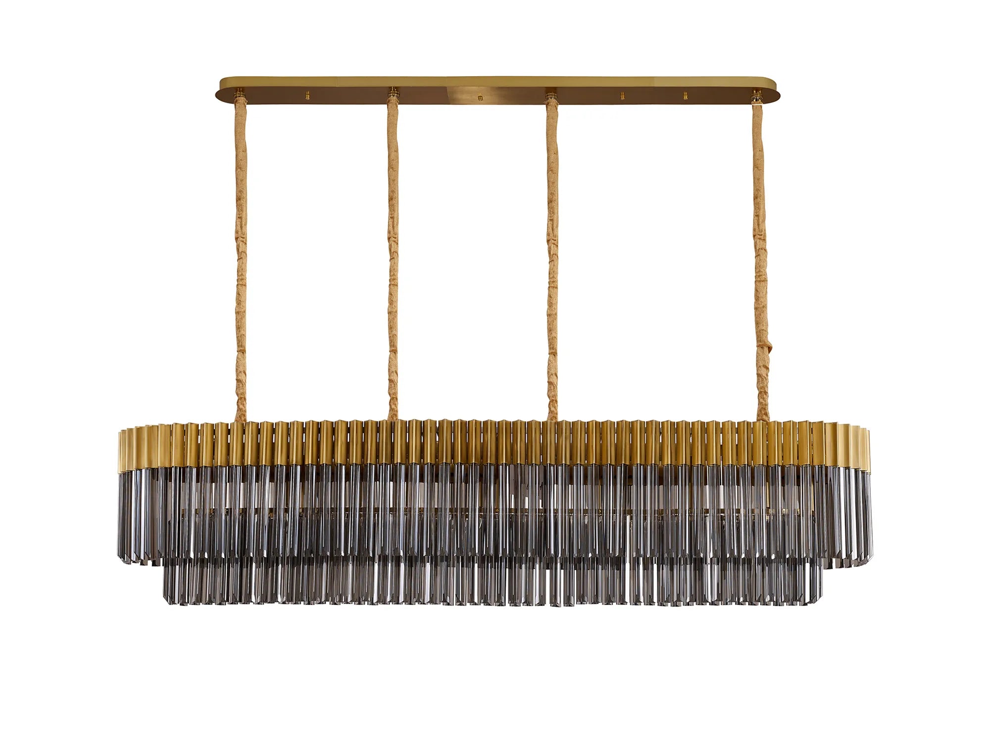 Cedar 180 x 40cm Linear Pendant 9 Light - Brass & Smoked Sculpted Glass