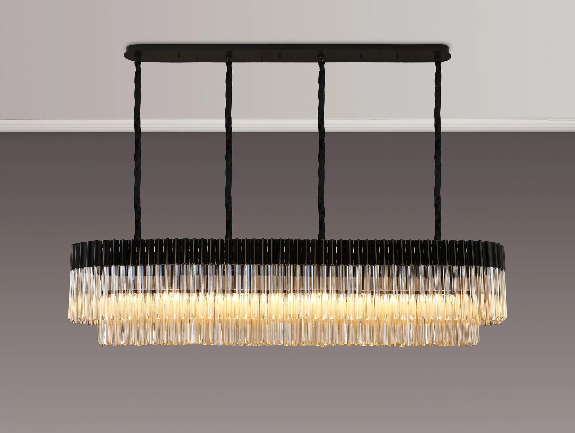 Cedar 180 x 40cm Linear Pendant 9 Light - Matt Black & Cognac Sculpted Glass