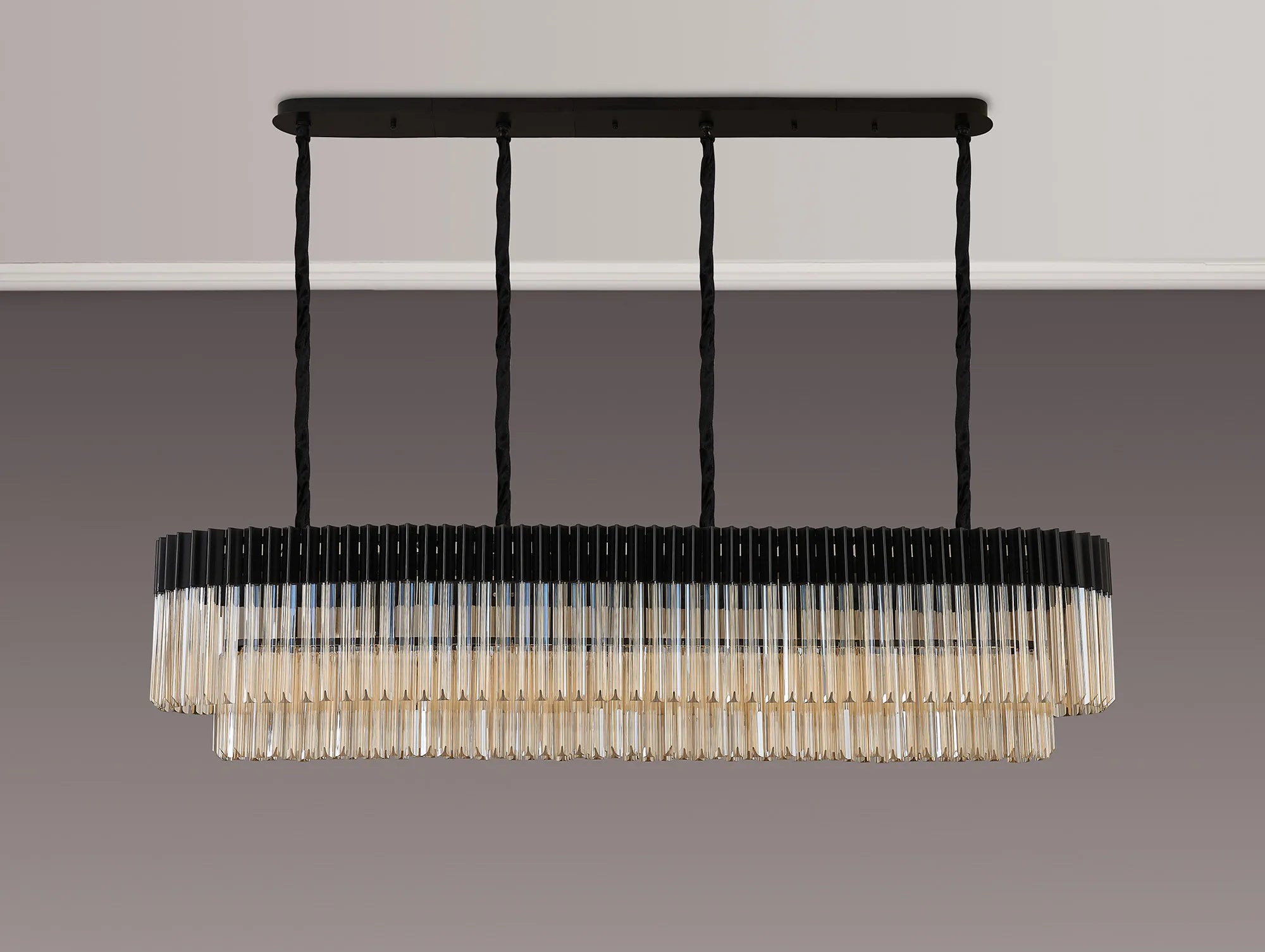 Cedar 180 x 40cm Linear Pendant 9 Light - Matt Black & Cognac Sculpted Glass