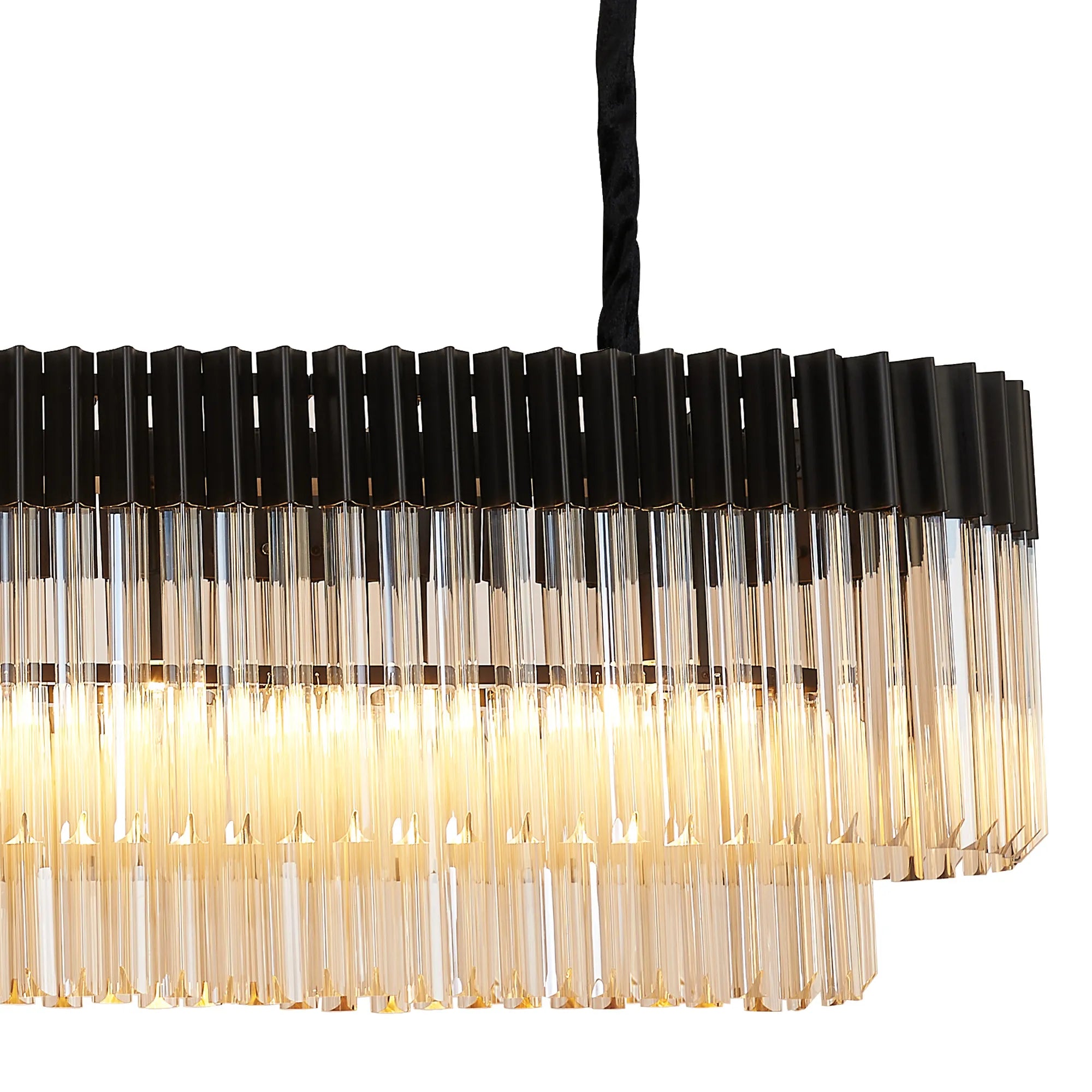 Cedar 180 x 40cm Linear Pendant 9 Light - Matt Black & Cognac Sculpted Glass