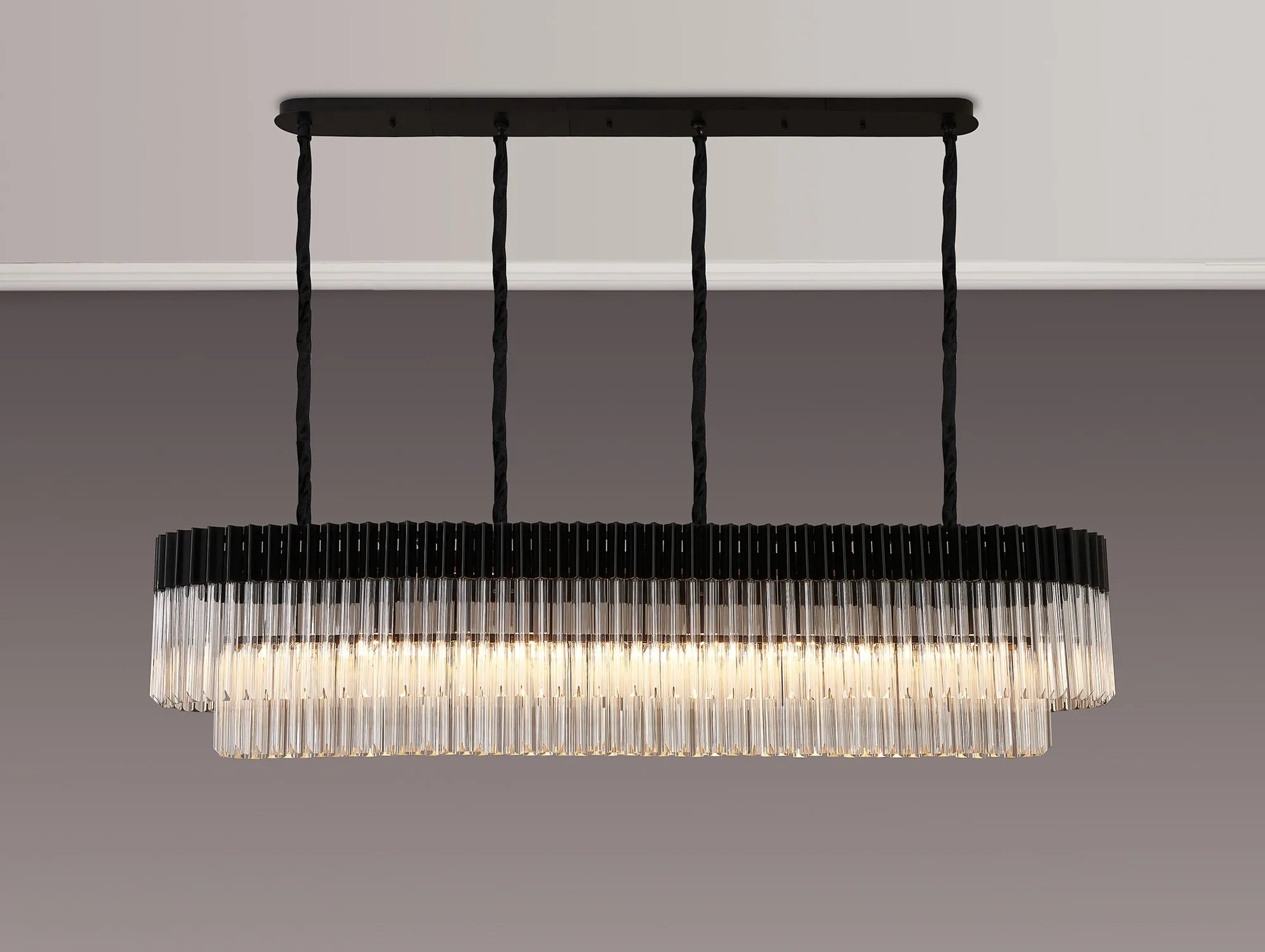 Cedar 180 x 40cm Linear Pendant 9 Light - Matt Black & Clear Sculpted Glass