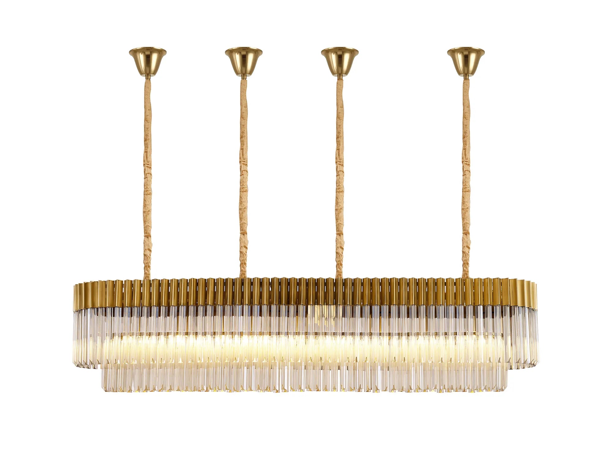 Cedar 180 x 40cm Linear Pendant With Bell Cup 9 Light - Brass & Cognac Sculpted Glass