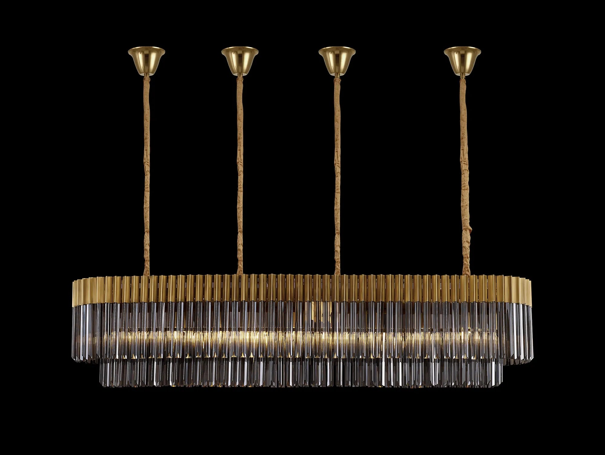 Cedar 180 x 40cm Linear Pendant With Bell Cup 9 Light - Brass & Smoked Sculpted Glass