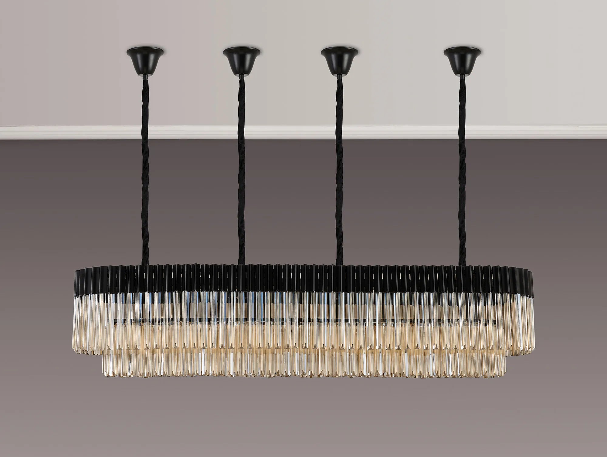 Cedar 180 x 40cm Linear Pendant With Bell Cup 9 Light - Matt Black & Cognac Sculpted Glass