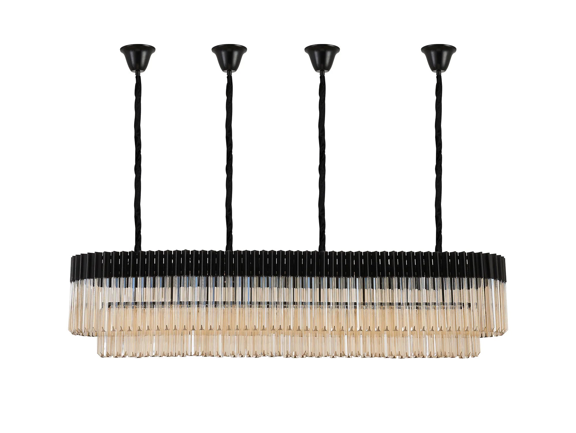 Cedar 180 x 40cm Linear Pendant With Bell Cup 9 Light - Matt Black & Cognac Sculpted Glass