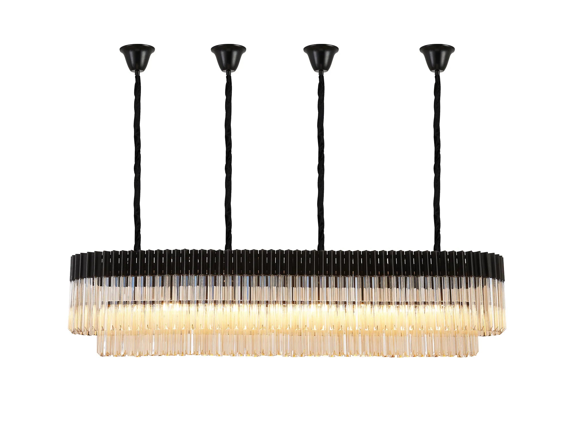 Cedar 180 x 40cm Linear Pendant With Bell Cup 9 Light - Matt Black & Cognac Sculpted Glass