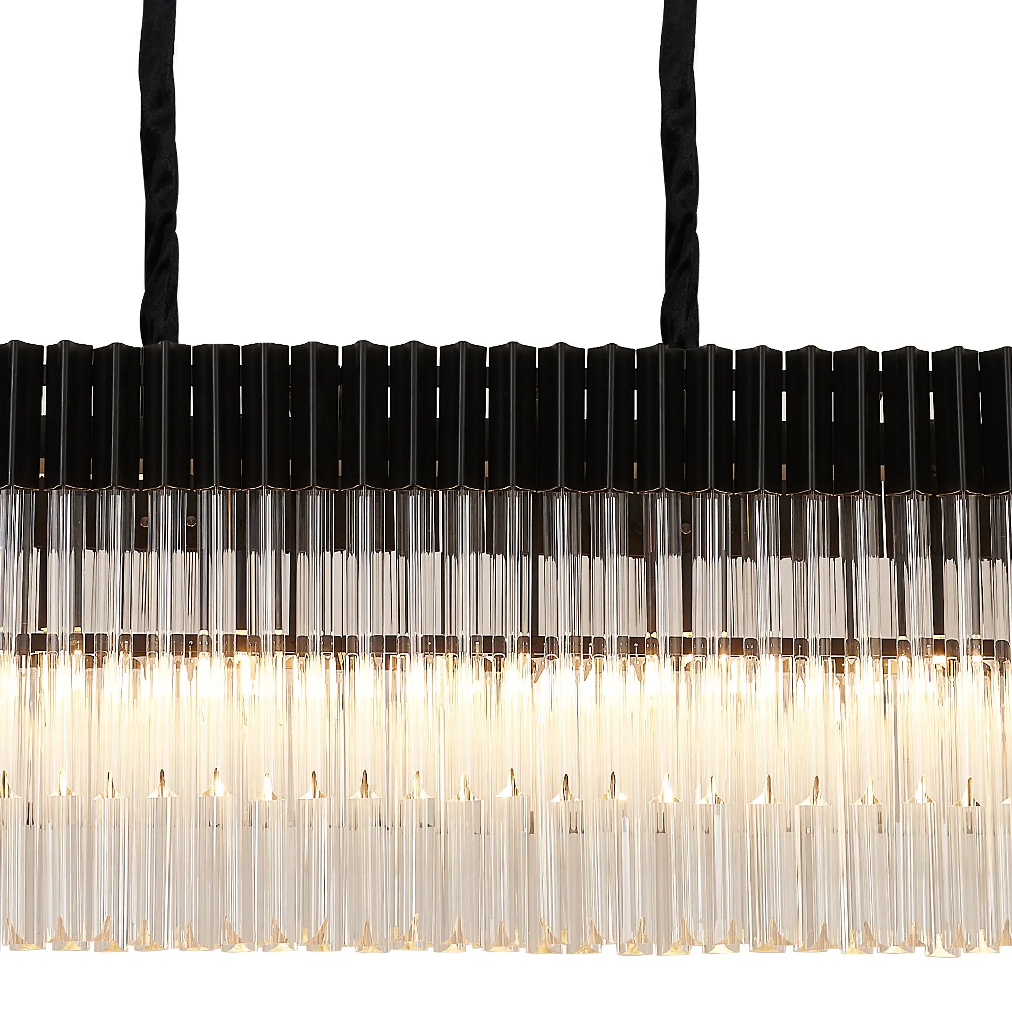 Cedar 180 x 40cm Linear Pendant With Bell Cup 9 Light - Matt Black & Clear Sculpted Glass