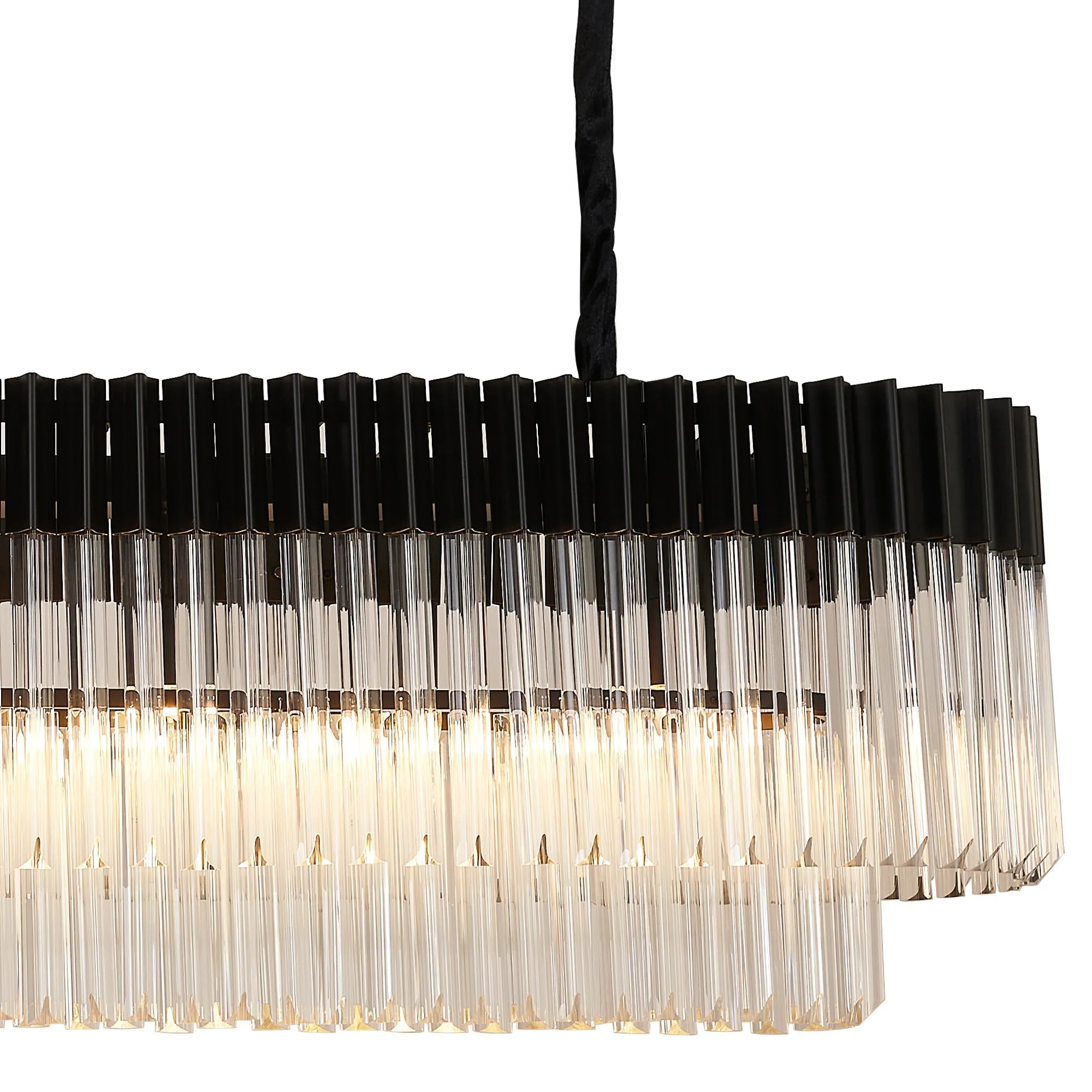 Cedar 180 x 40cm Linear Pendant With Bell Cup 9 Light - Matt Black & Clear Sculpted Glass