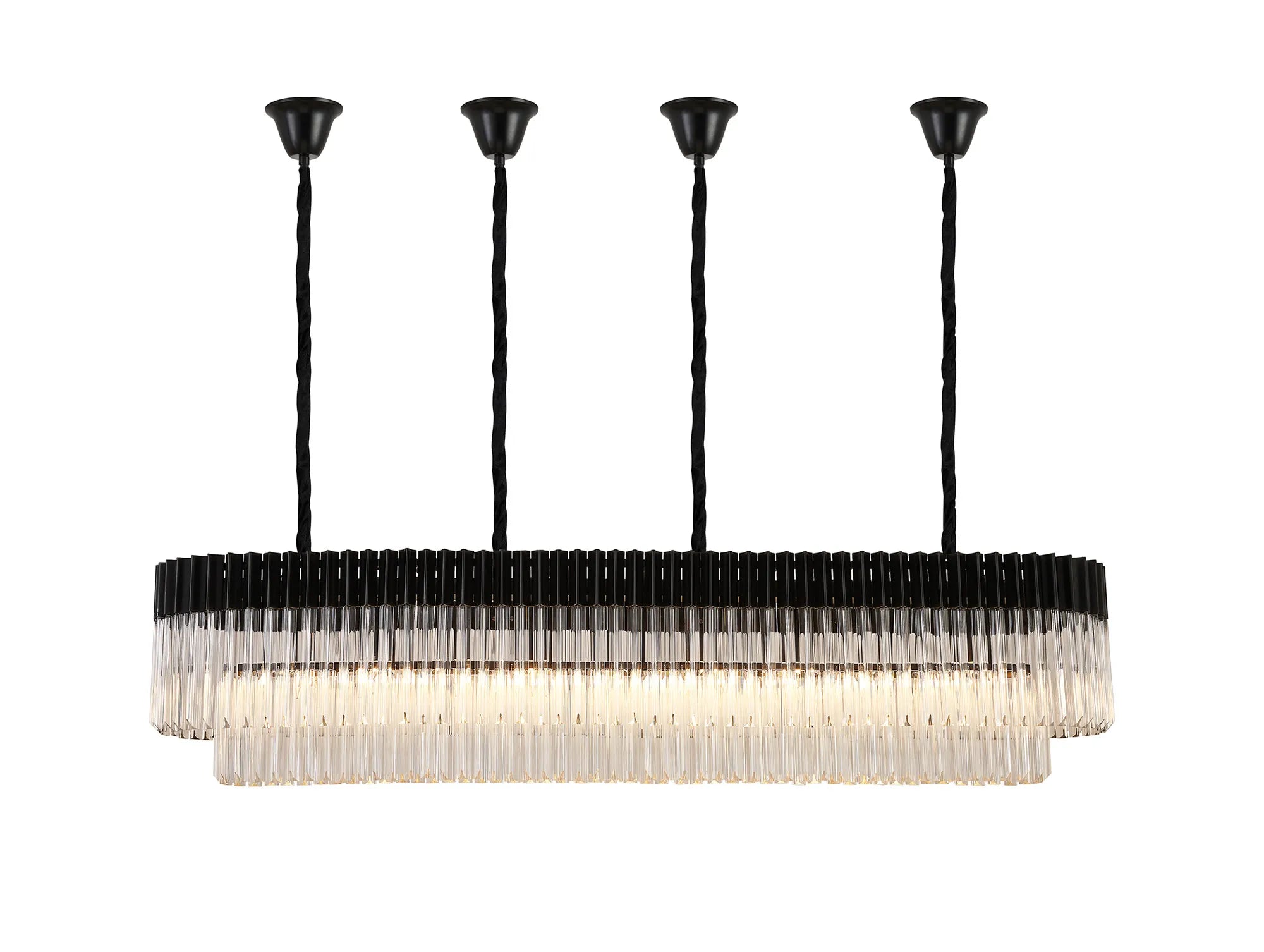 Cedar 180 x 40cm Linear Pendant With Bell Cup 9 Light - Matt Black & Clear Sculpted Glass