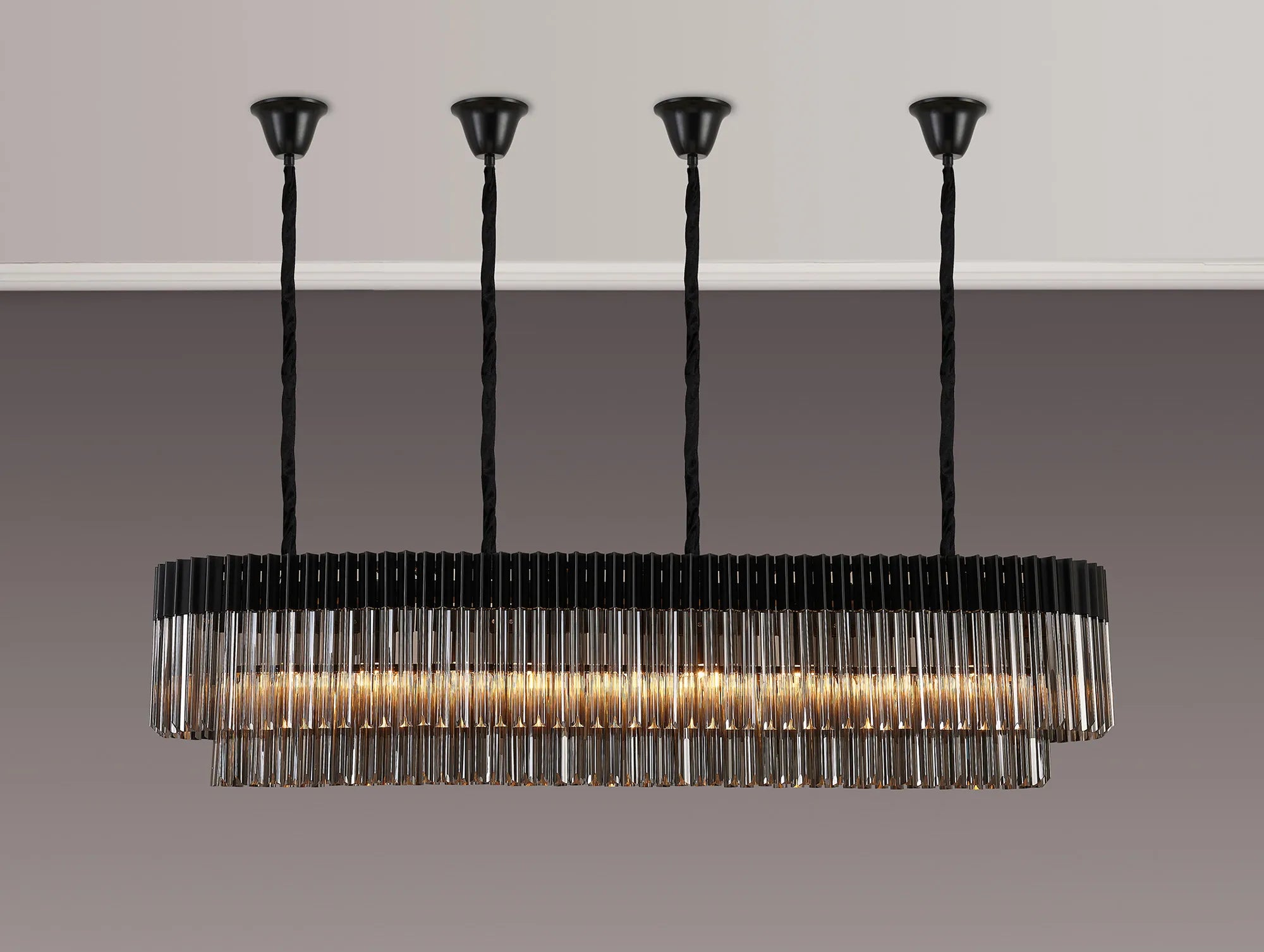 Cedar 180 x 40cm Linear Pendant With Bell Cup 9 Light - Matt Black & Smoked Sculpted Glass