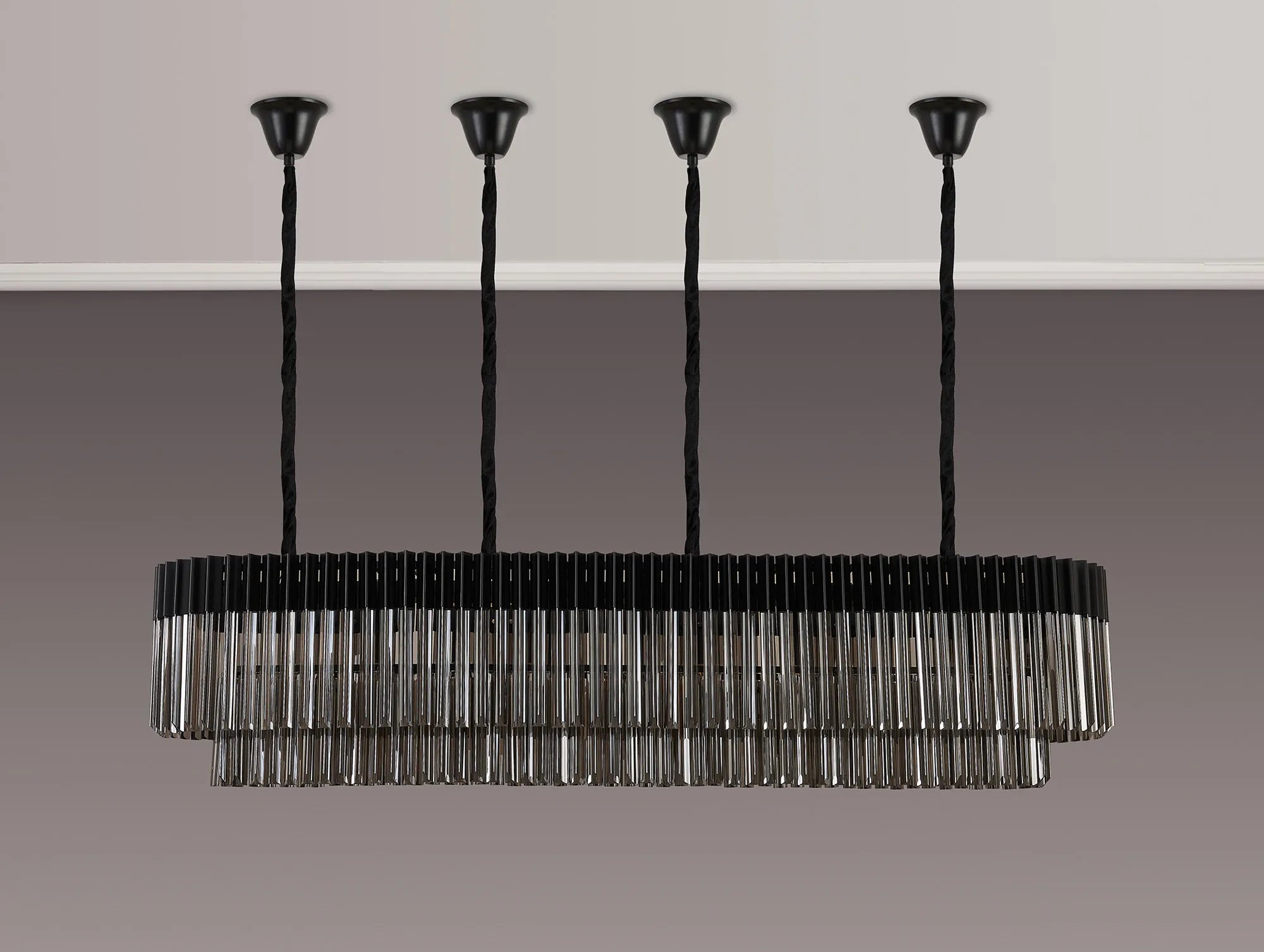 Cedar 180 x 40cm Linear Pendant With Bell Cup 9 Light - Matt Black & Smoked Sculpted Glass