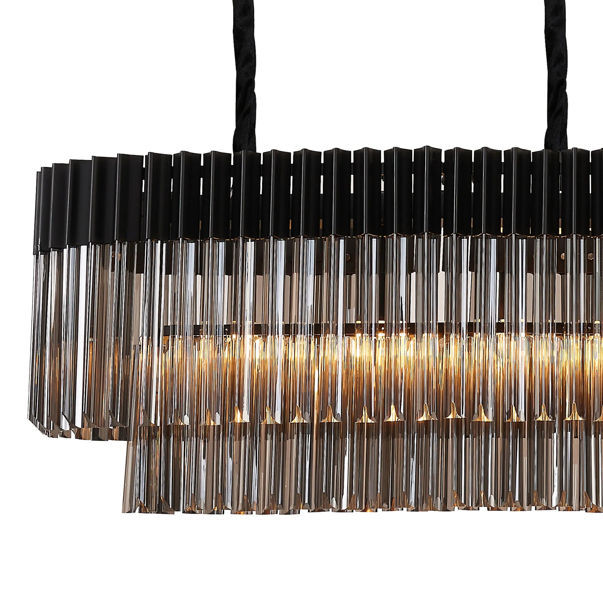 Cedar 180 x 40cm Linear Pendant With Bell Cup 9 Light - Matt Black & Smoked Sculpted Glass
