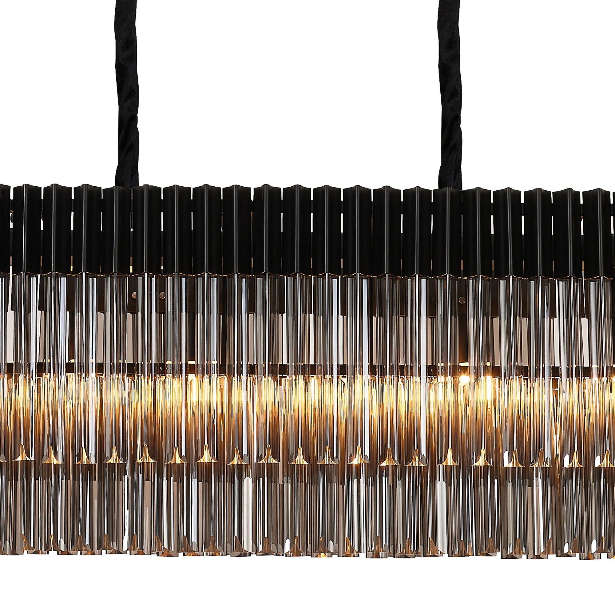 Cedar 180 x 40cm Linear Pendant With Bell Cup 9 Light - Matt Black & Smoked Sculpted Glass