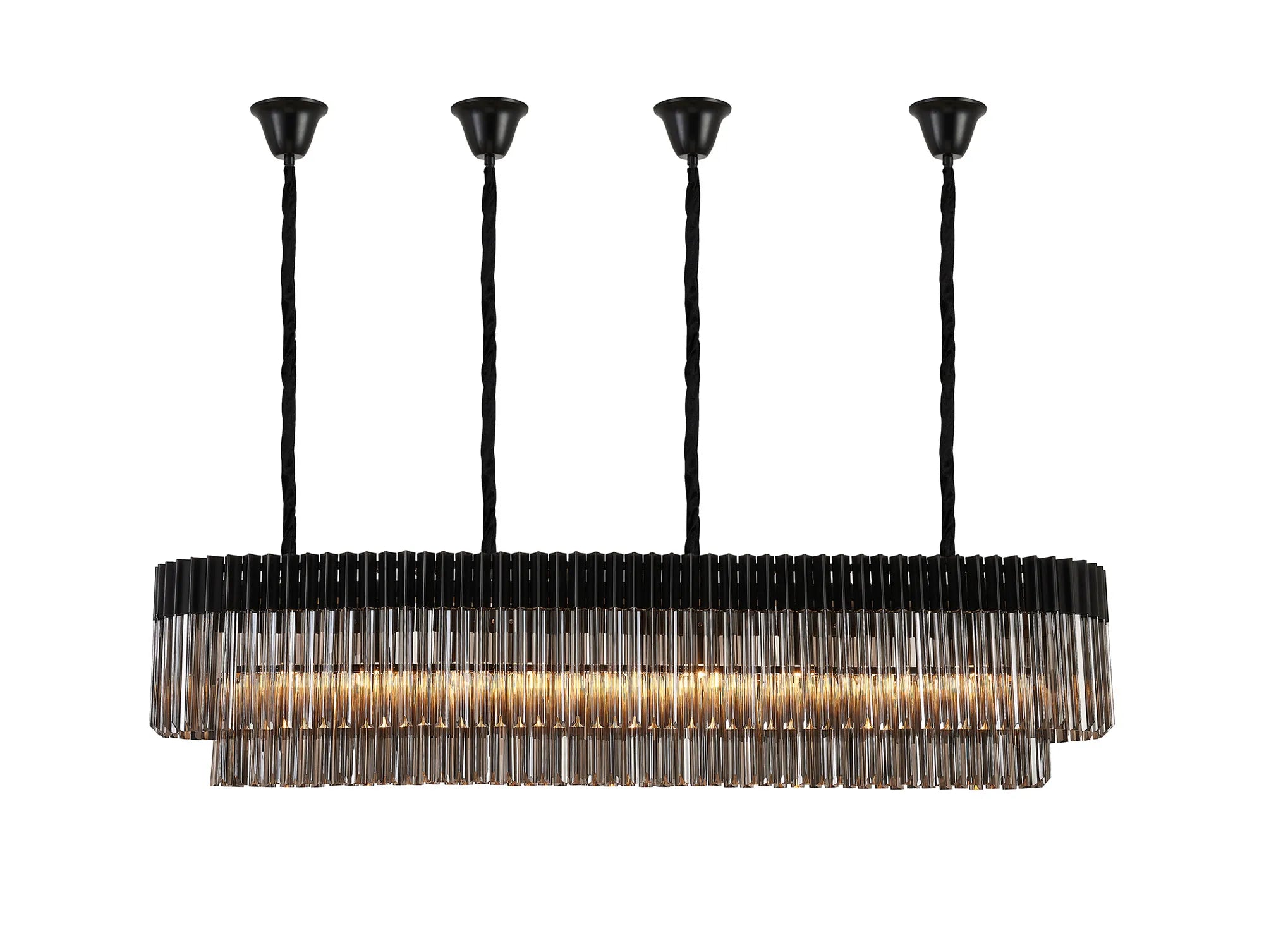Cedar 180 x 40cm Linear Pendant With Bell Cup 9 Light - Matt Black & Smoked Sculpted Glass