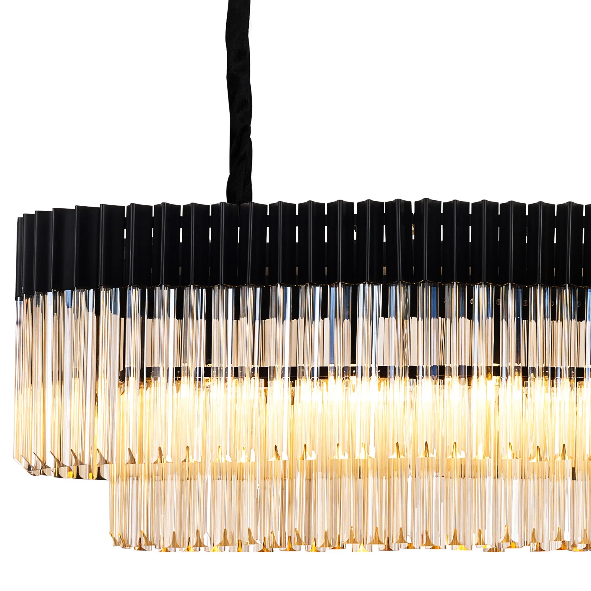 Cedar 200 x 40cm Linear Pendant 10 Light - Matt Black & Cognac Sculpted Glass