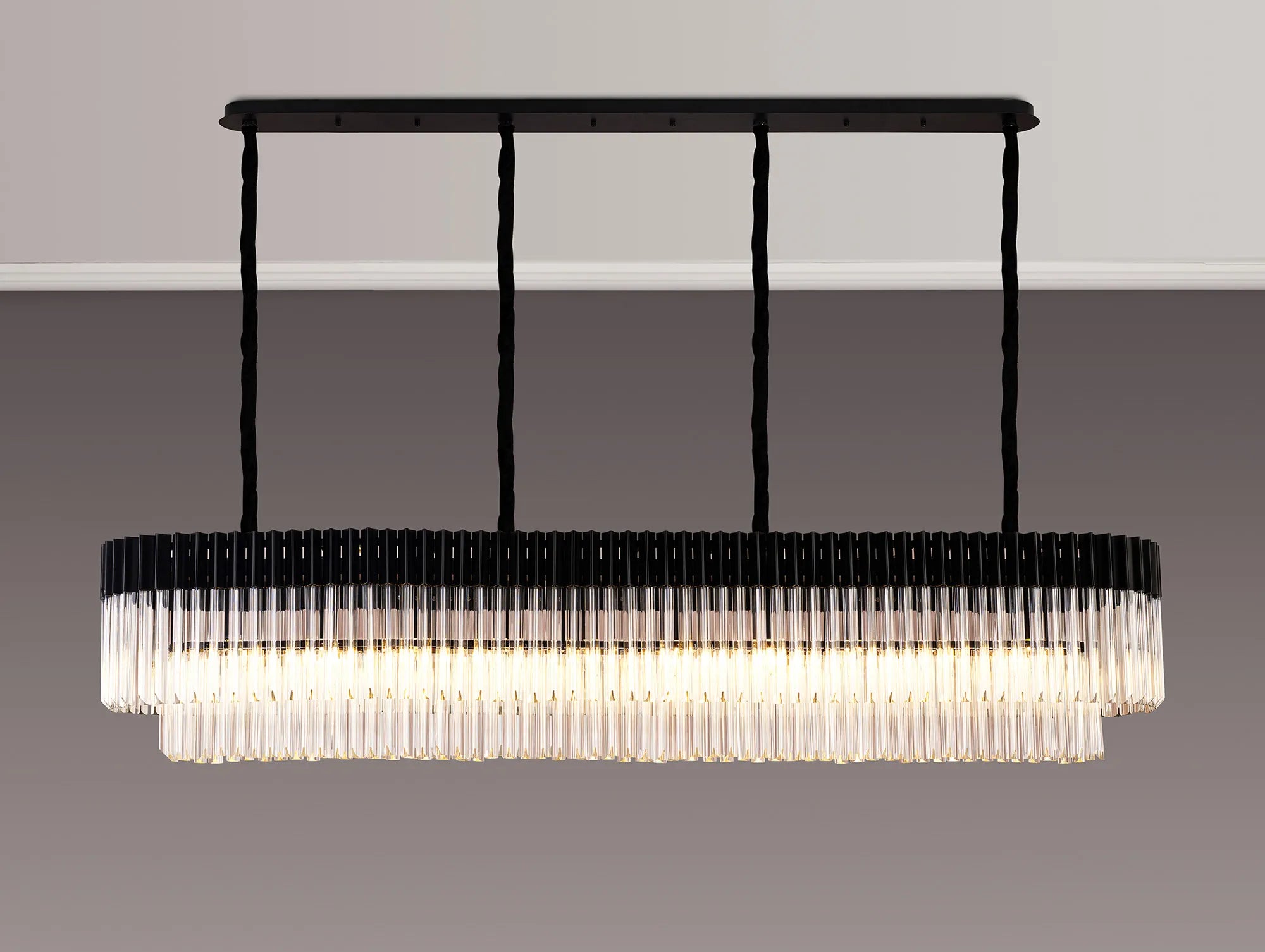 Cedar 200 x 40cm Linear Pendant 10 Light - Matt Black & Clear Sculpted Glass
