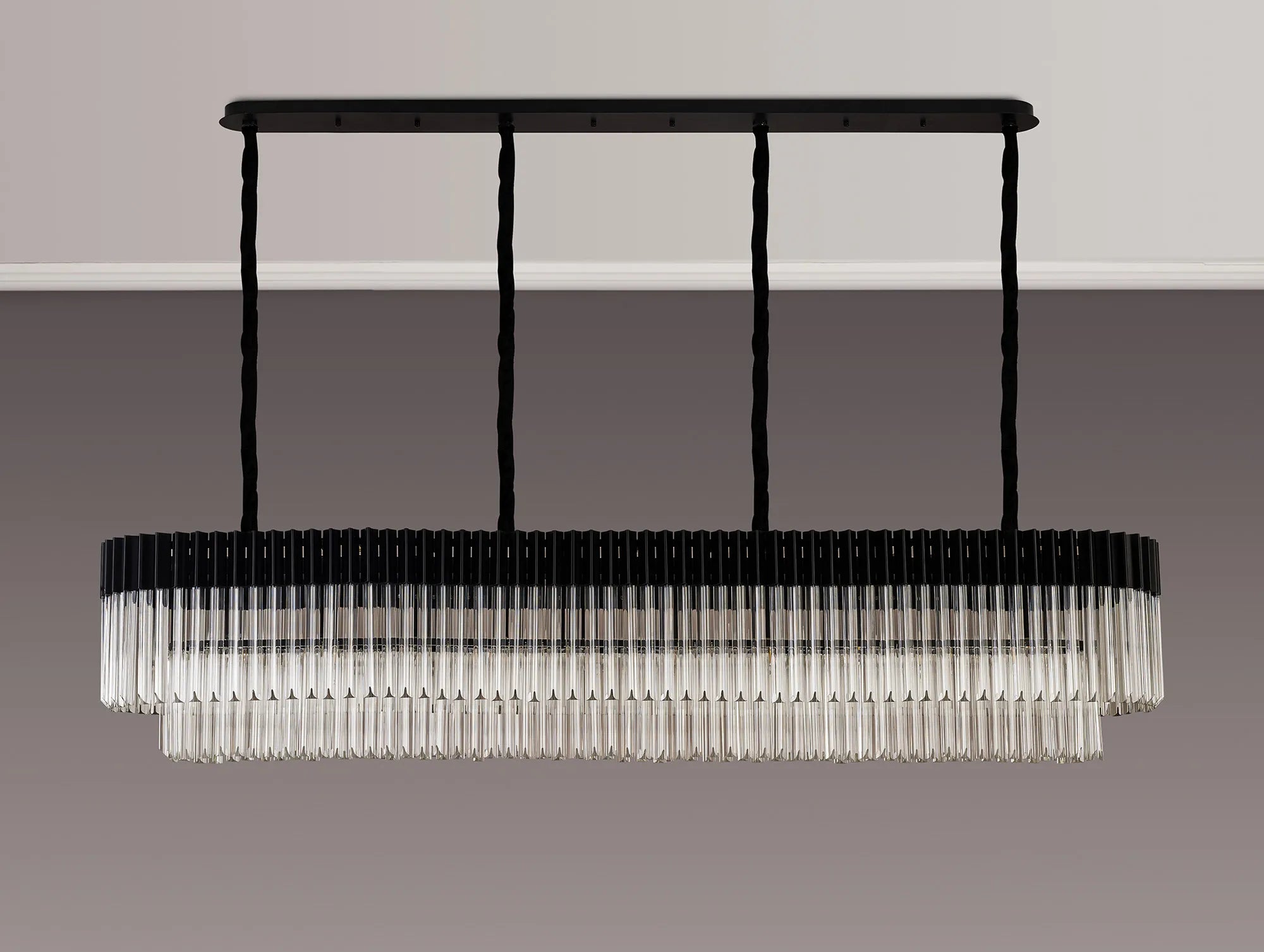 Cedar 200 x 40cm Linear Pendant 10 Light - Matt Black & Clear Sculpted Glass