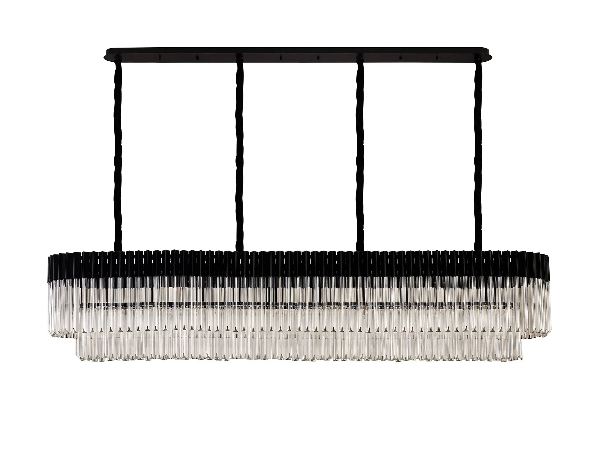 Cedar 200 x 40cm Linear Pendant 10 Light - Matt Black & Clear Sculpted Glass