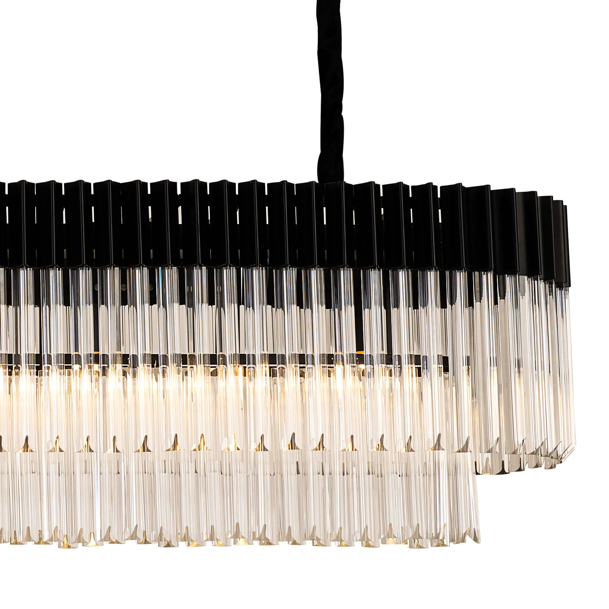 Cedar 200 x 40cm Linear Pendant 10 Light - Matt Black & Clear Sculpted Glass