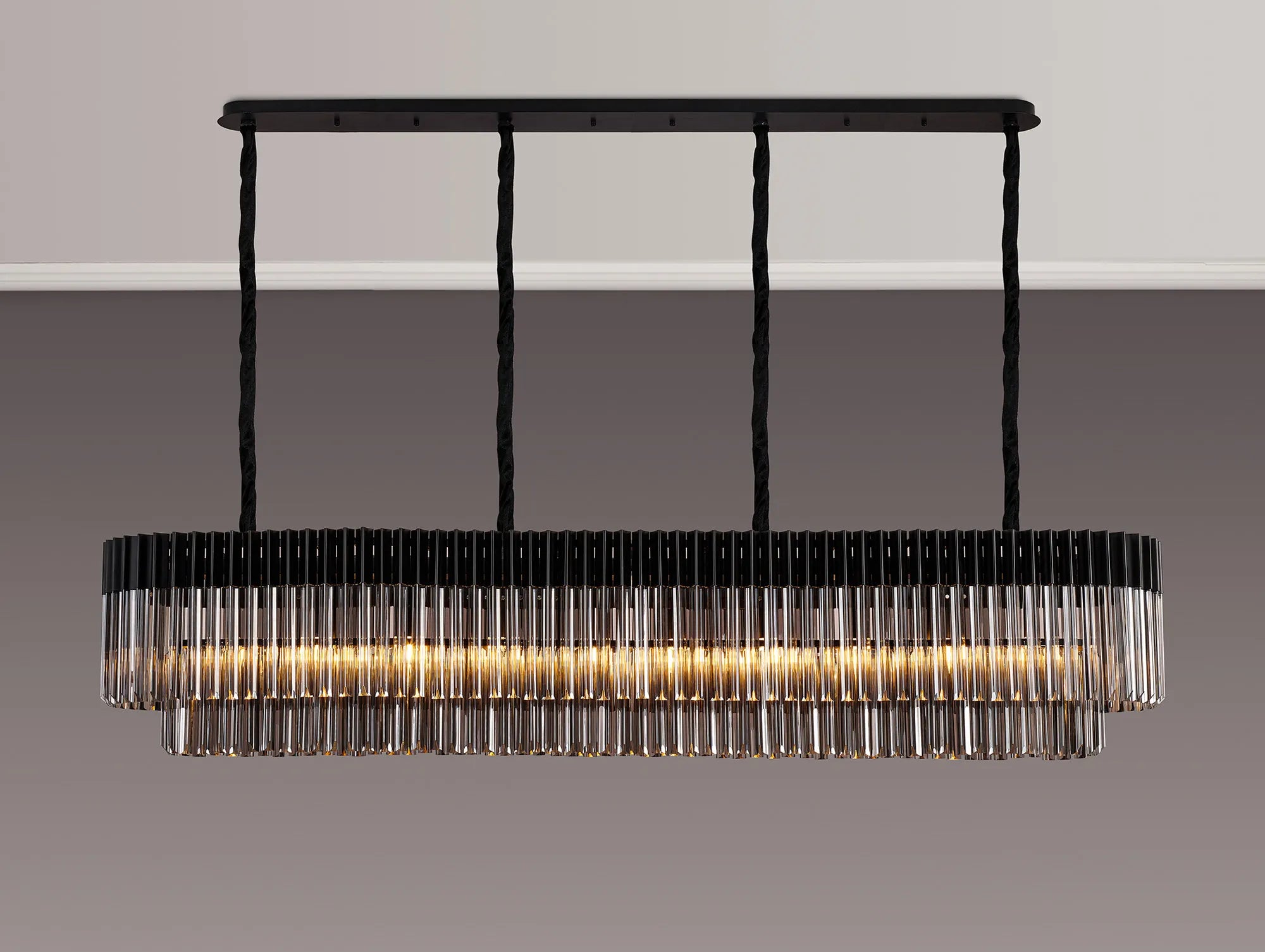 Cedar 200 x 40cm Linear Pendant 10 Light - Matt Black & Smoked Sculpted Glass