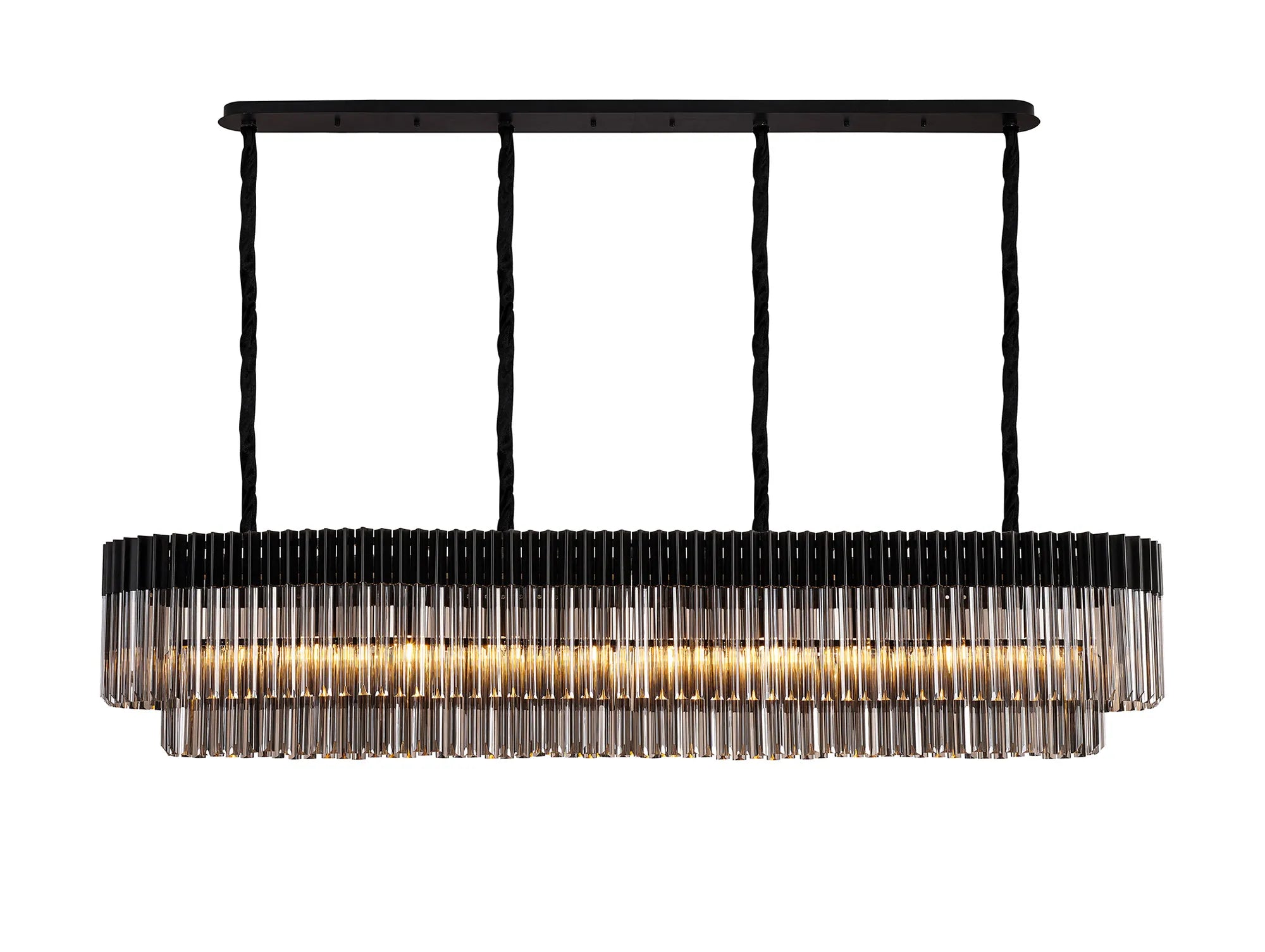 Cedar 200 x 40cm Linear Pendant 10 Light - Matt Black & Smoked Sculpted Glass