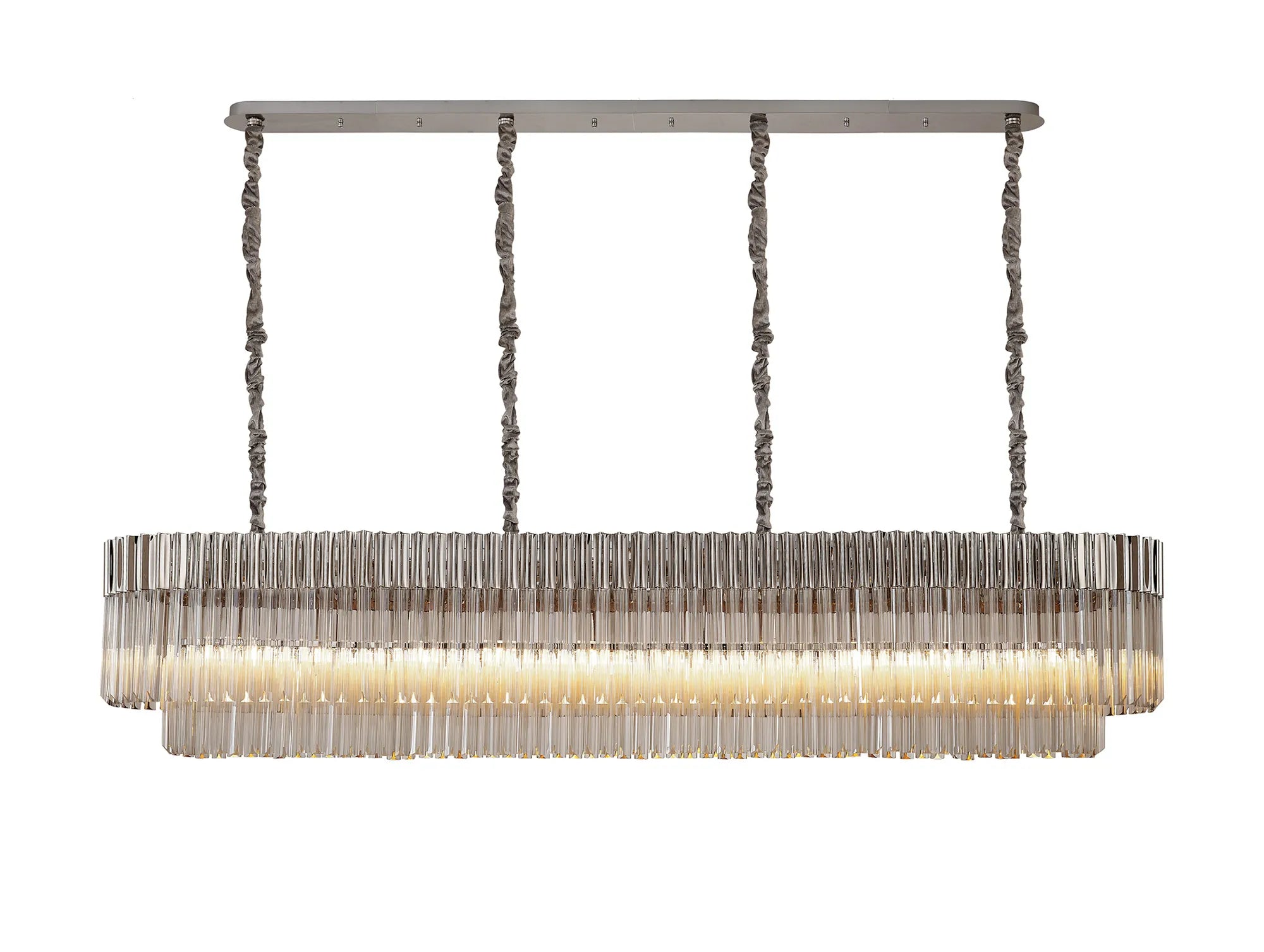 Cedar 200 x 40cm Linear Pendant 10 Light - Polished Nickel & Cognac Sculpted Glass