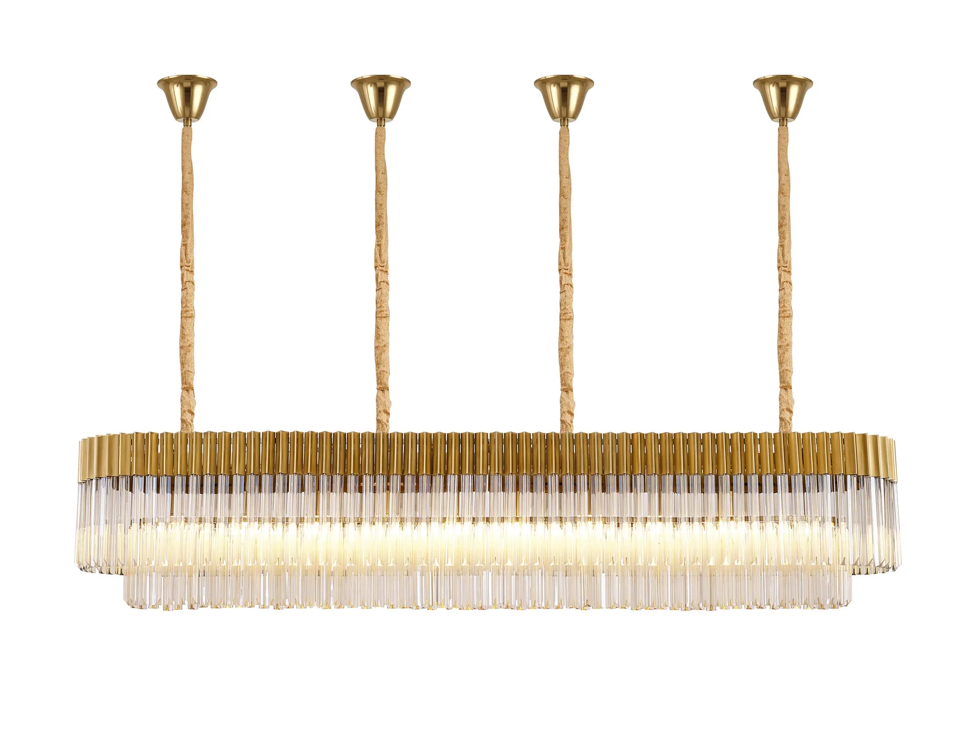 Cedar 200 x 40cm Linear Pendant With Bell Cup 10 Light - Brass & Cognac Sculpted Glass