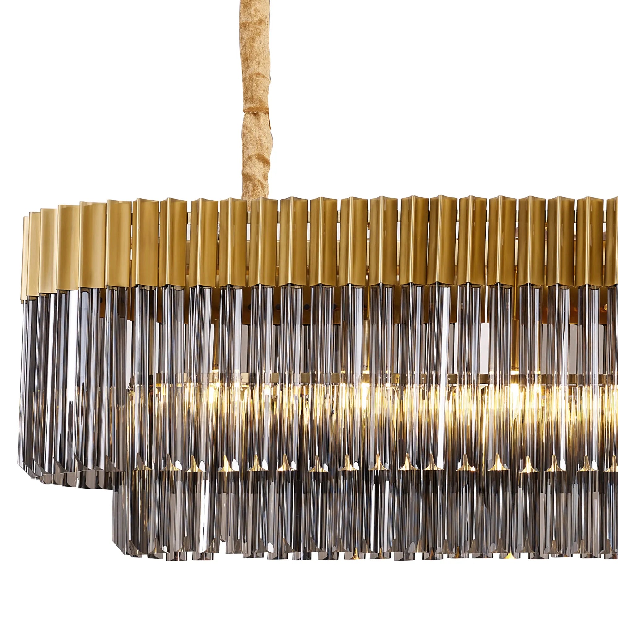 Cedar 200 x 40cm Linear Pendant With Bell Cup 10 Light - Brass & Smoked Sculpted Glass
