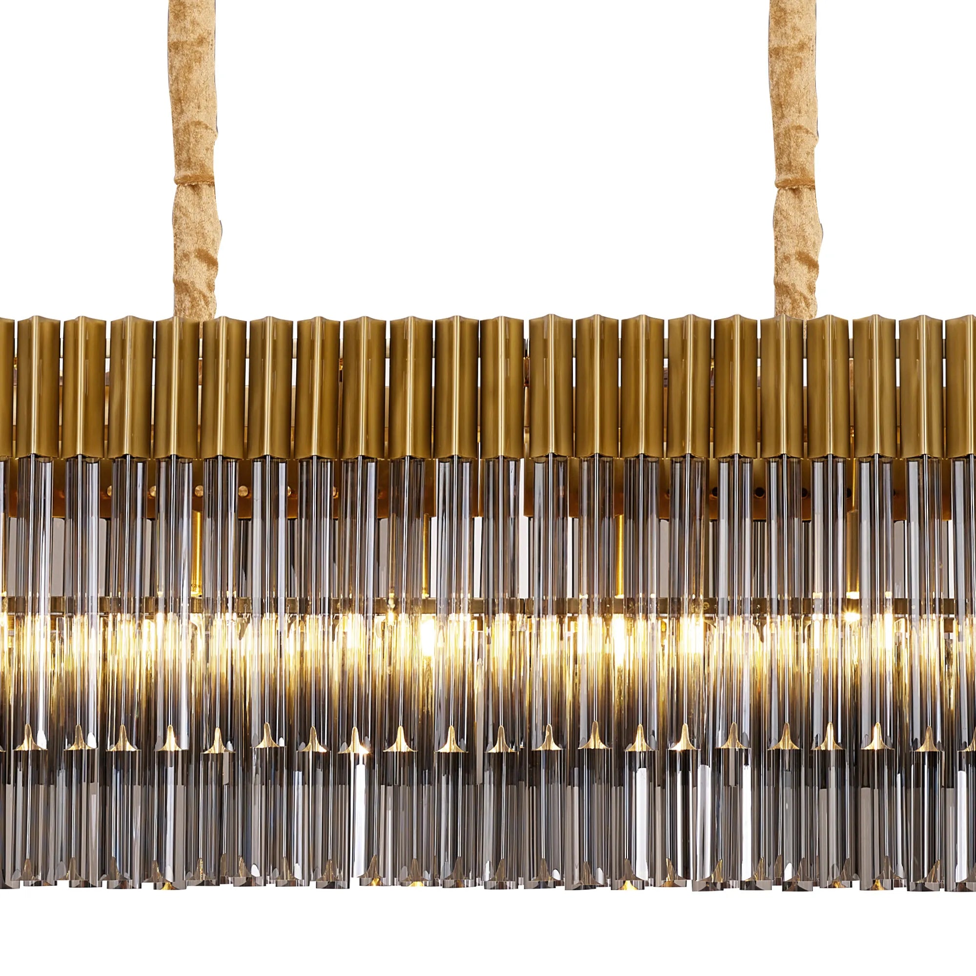 Cedar 200 x 40cm Linear Pendant With Bell Cup 10 Light - Brass & Smoked Sculpted Glass