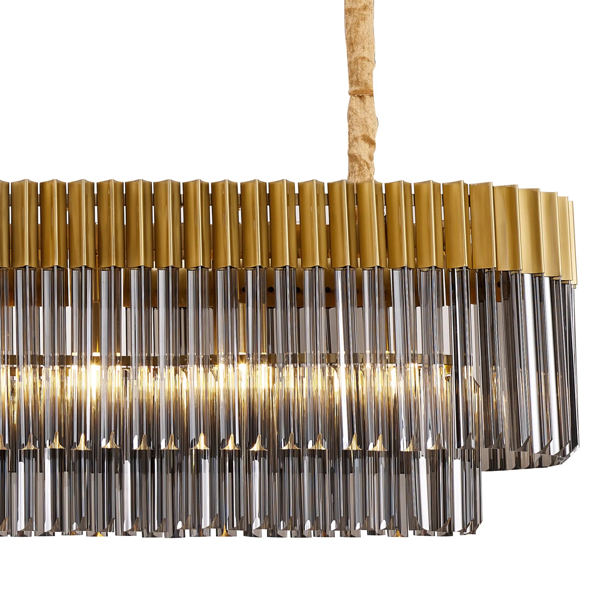 Cedar 200 x 40cm Linear Pendant With Bell Cup 10 Light - Brass & Smoked Sculpted Glass
