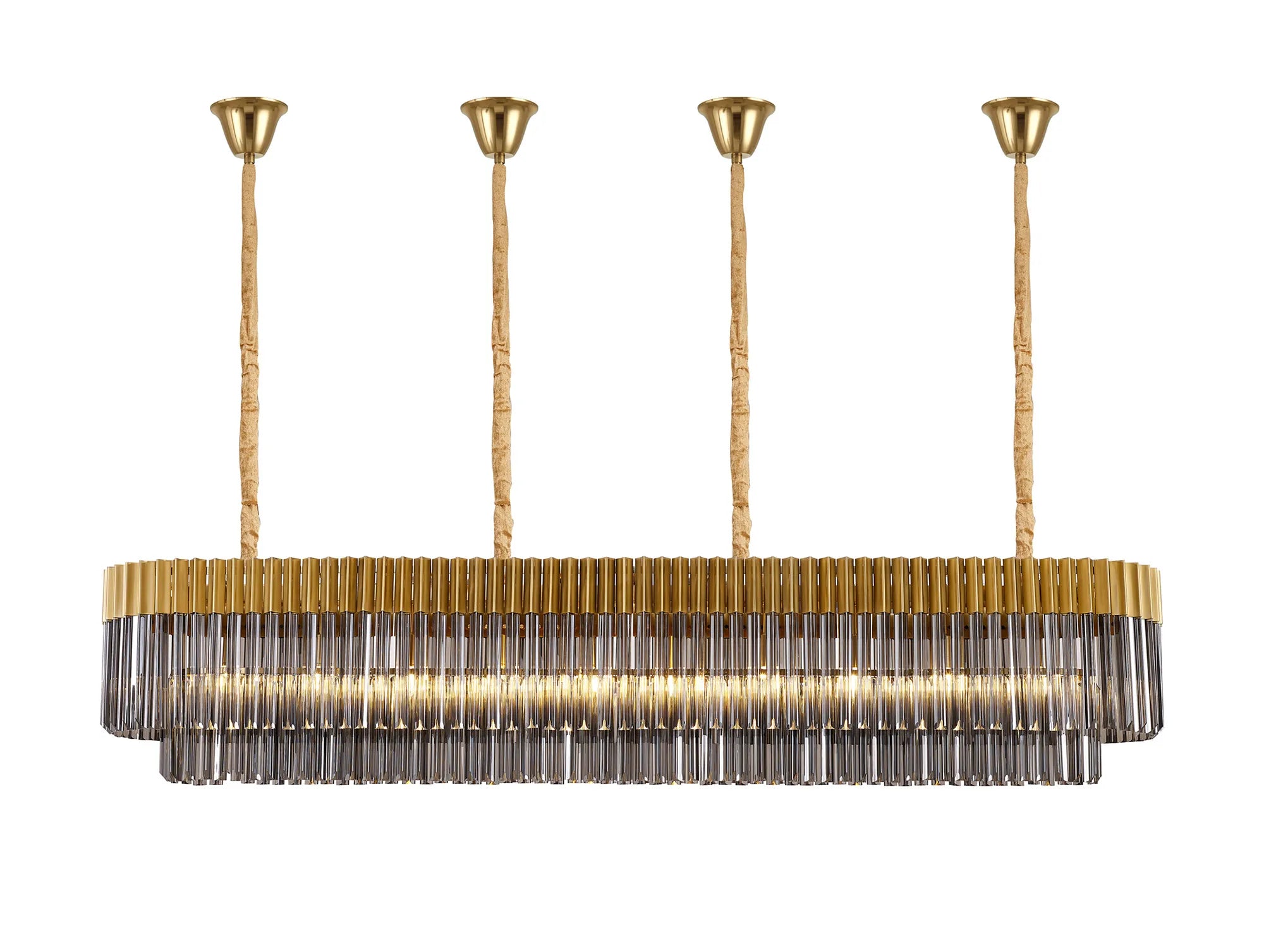 Cedar 200 x 40cm Linear Pendant With Bell Cup 10 Light - Brass & Smoked Sculpted Glass