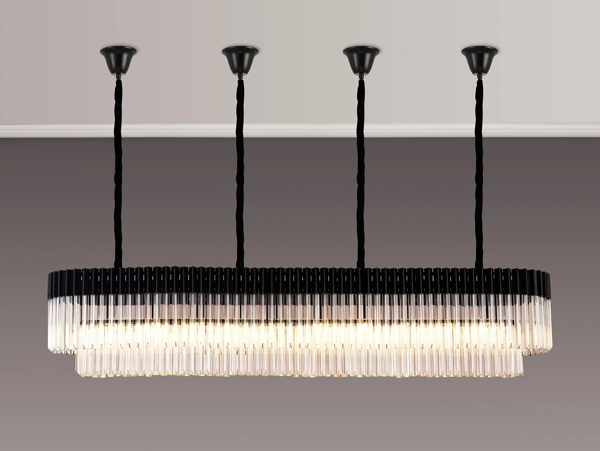 Cedar 200 x 40cm Linear Pendant With Bell Cup 10 Light - Matt Black & Clear Sculpted Glass