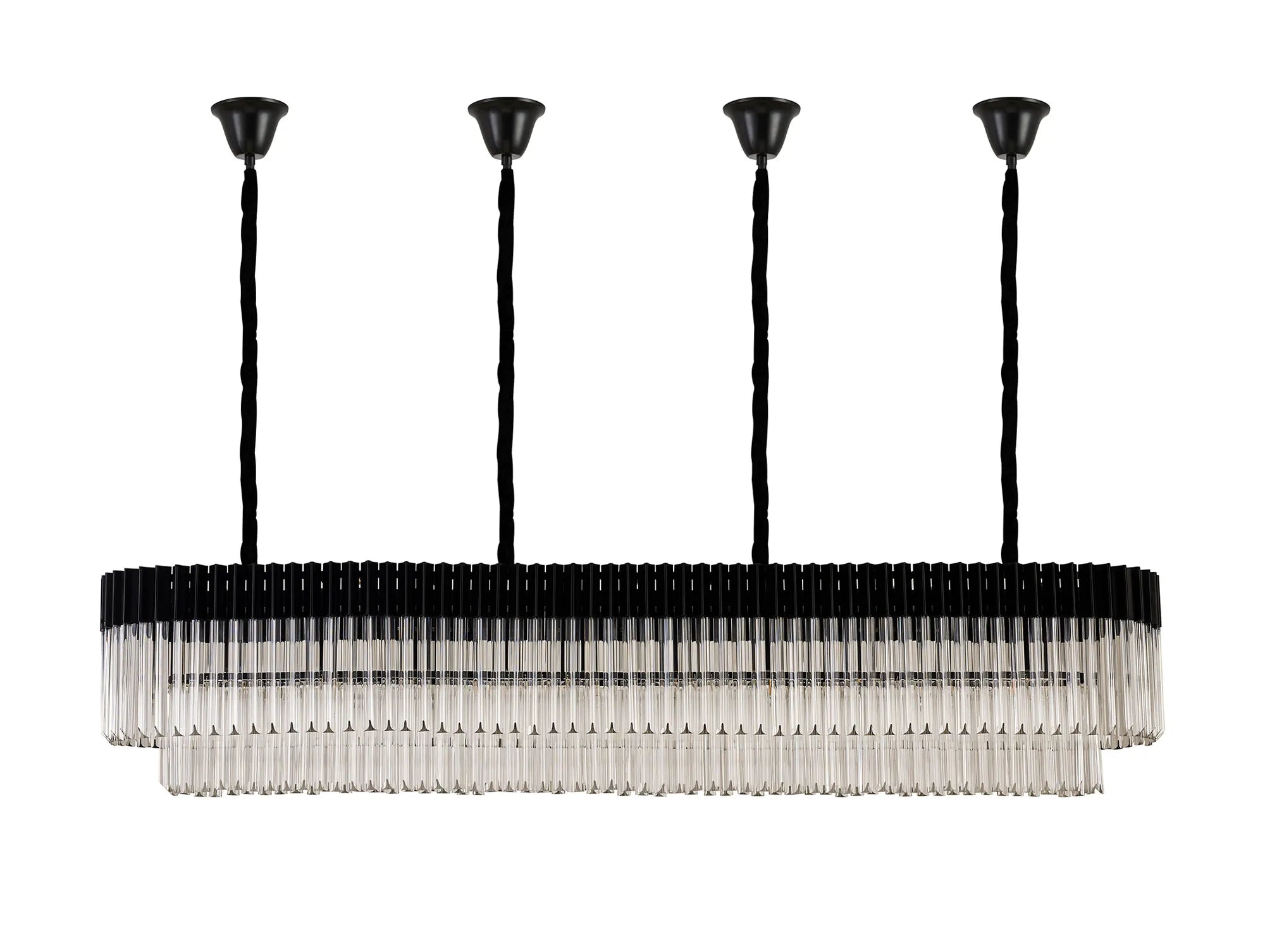 Cedar 200 x 40cm Linear Pendant With Bell Cup 10 Light - Matt Black & Clear Sculpted Glass