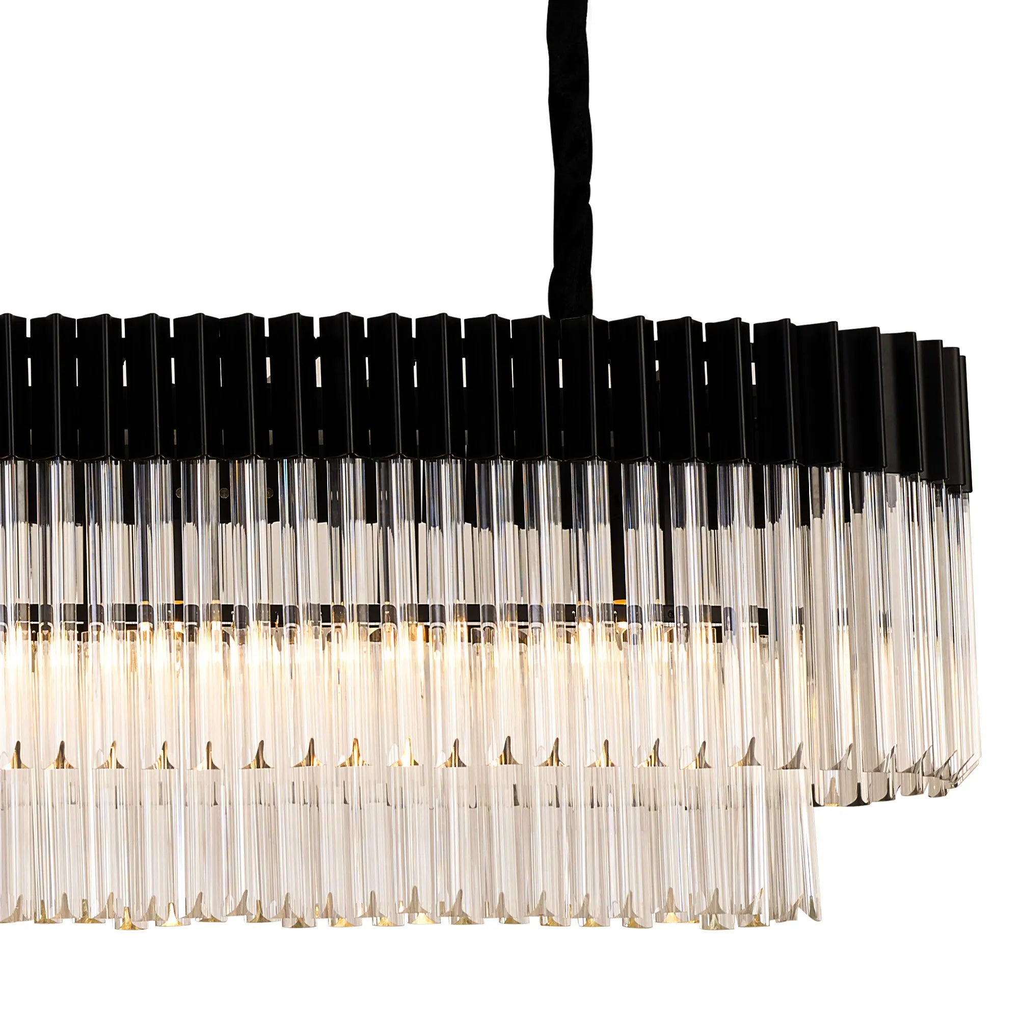 Cedar 200 x 40cm Linear Pendant With Bell Cup 10 Light - Matt Black & Clear Sculpted Glass
