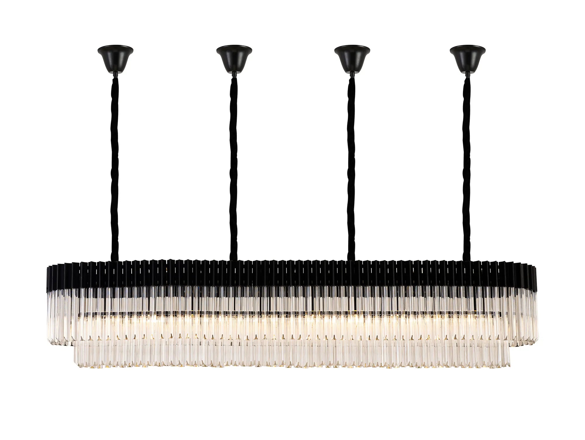 Cedar 200 x 40cm Linear Pendant With Bell Cup 10 Light - Matt Black & Clear Sculpted Glass