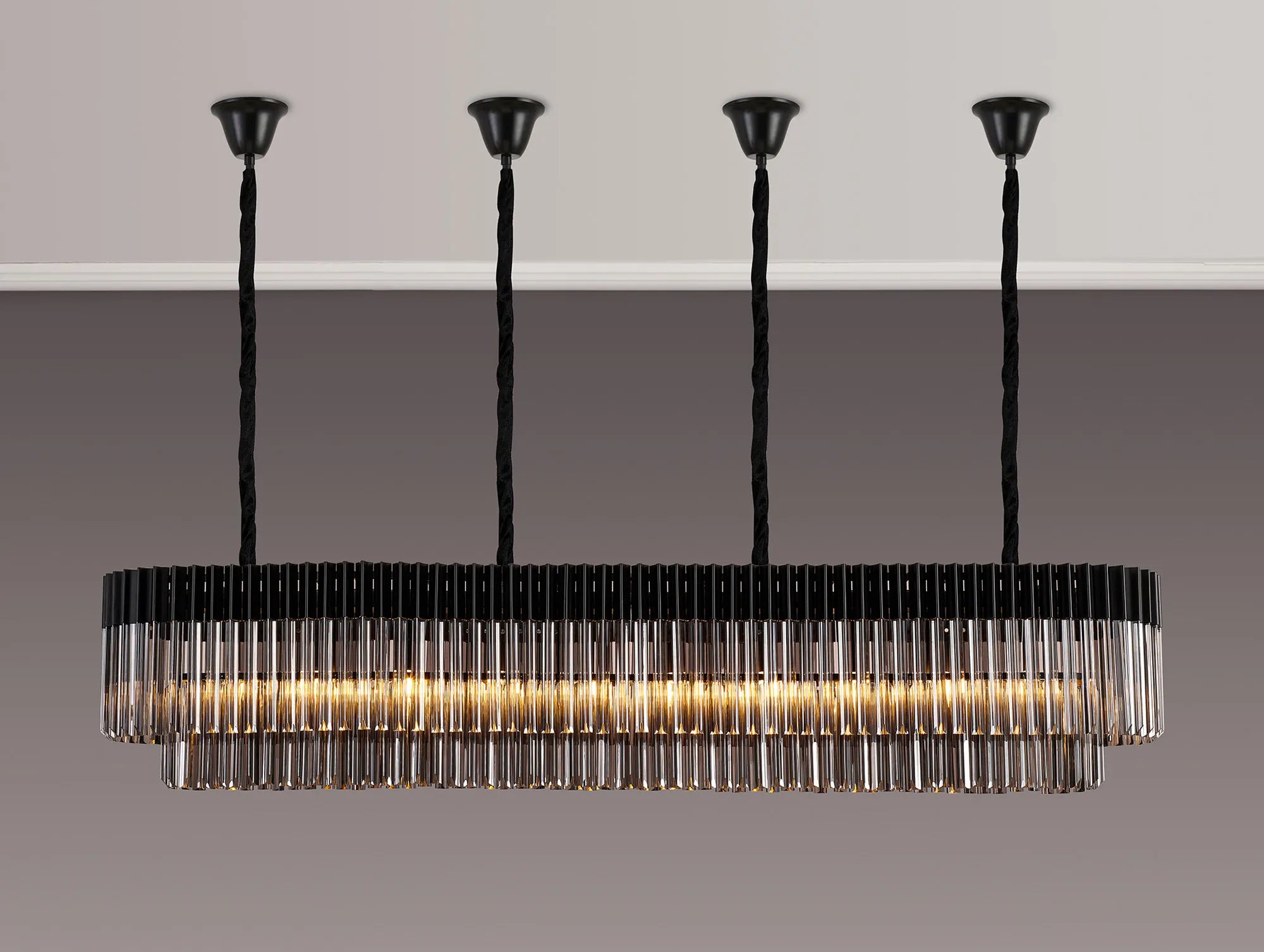 Cedar 200 x 40cm Linear Pendant With Bell Cup 10 Light - Matt Black & Smoked Sculpted Glass