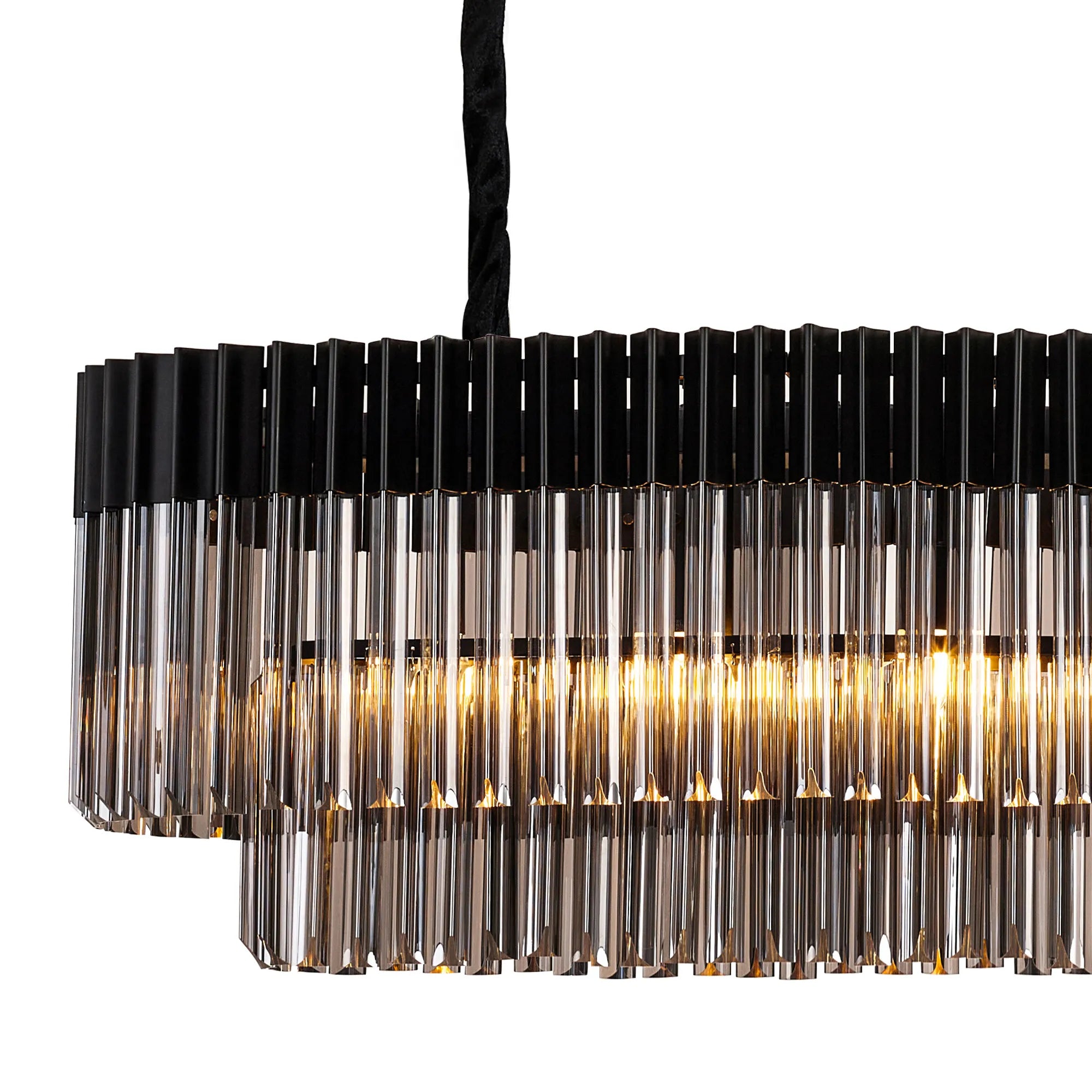 Cedar 200 x 40cm Linear Pendant With Bell Cup 10 Light - Matt Black & Smoked Sculpted Glass