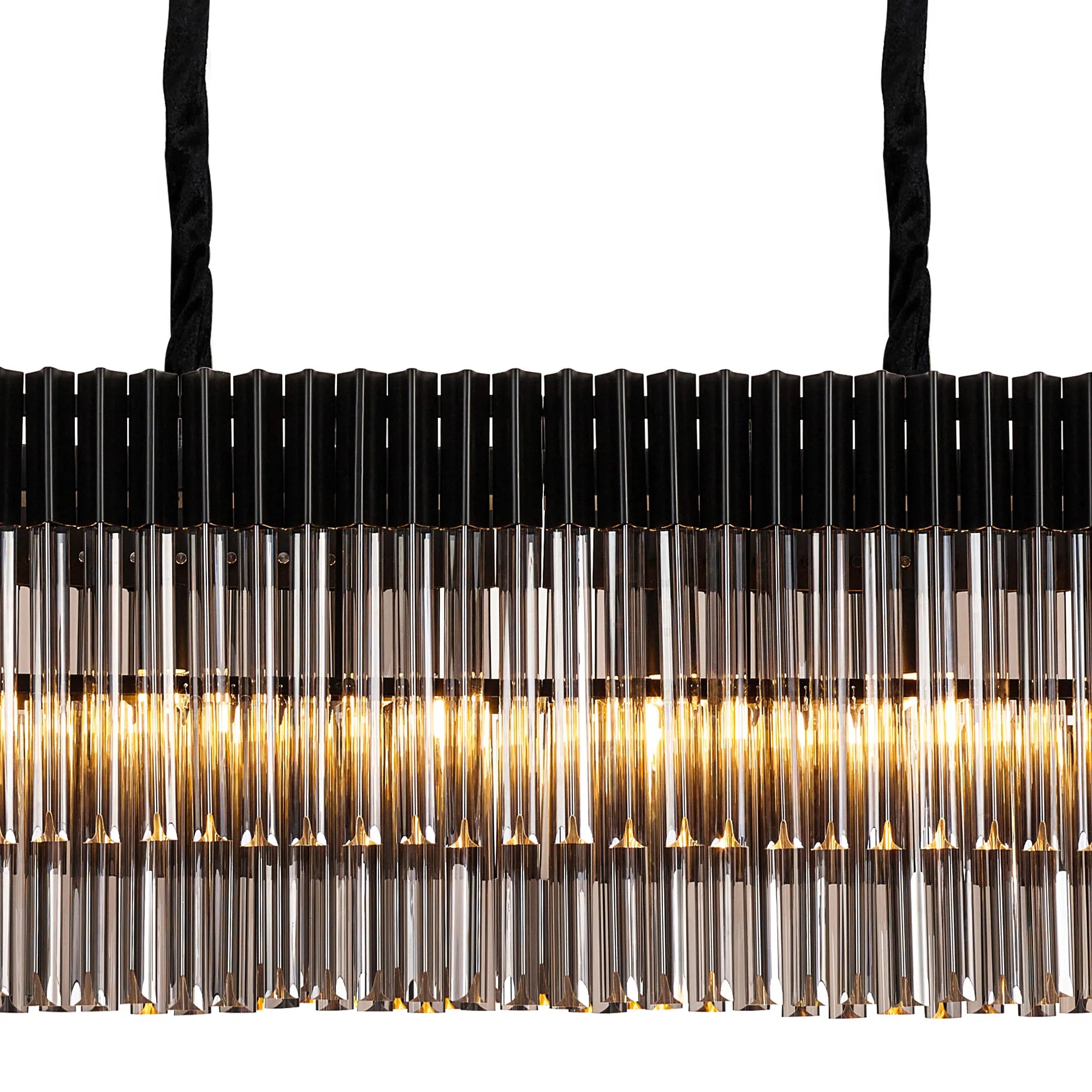 Cedar 200 x 40cm Linear Pendant With Bell Cup 10 Light - Matt Black & Smoked Sculpted Glass