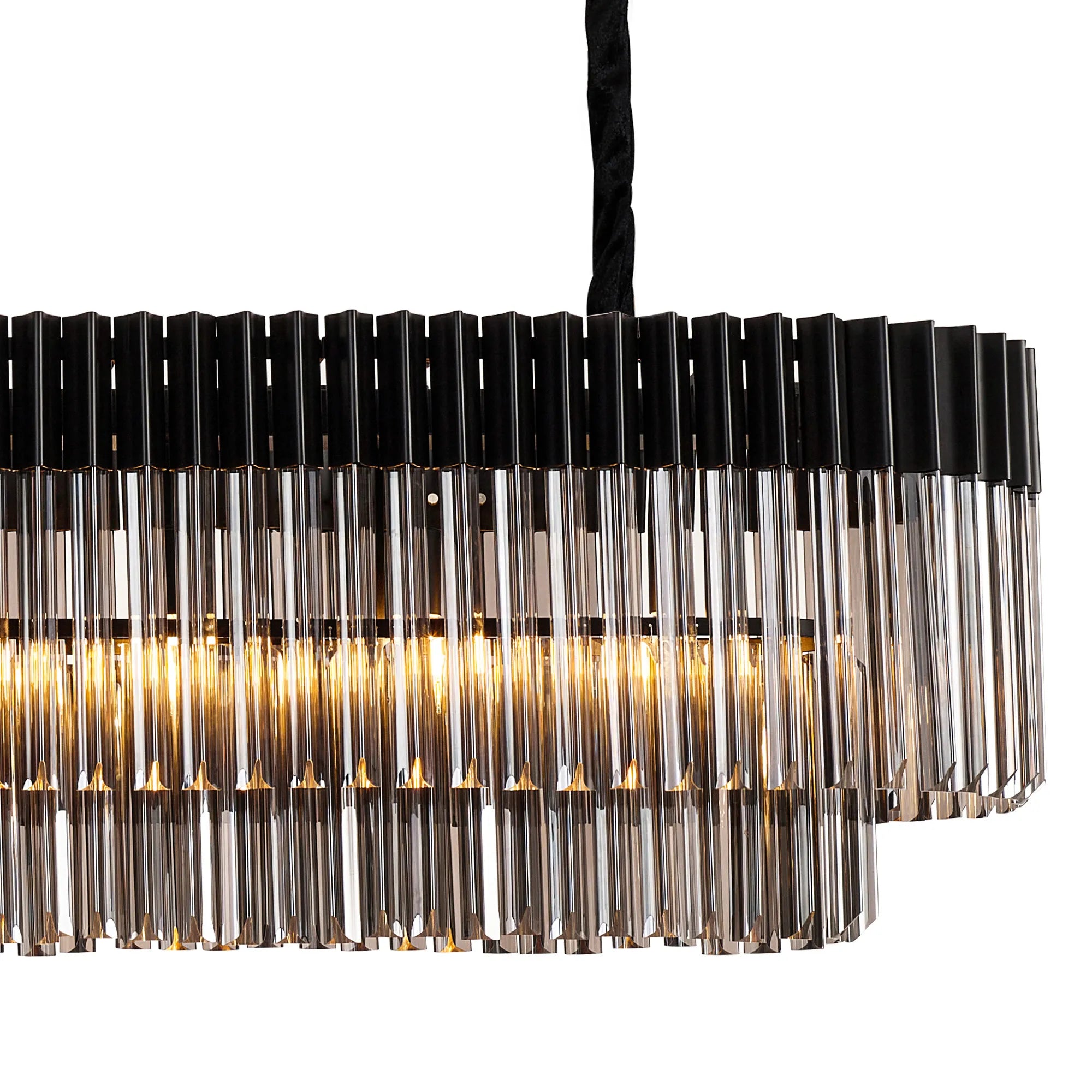 Cedar 200 x 40cm Linear Pendant With Bell Cup 10 Light - Matt Black & Smoked Sculpted Glass