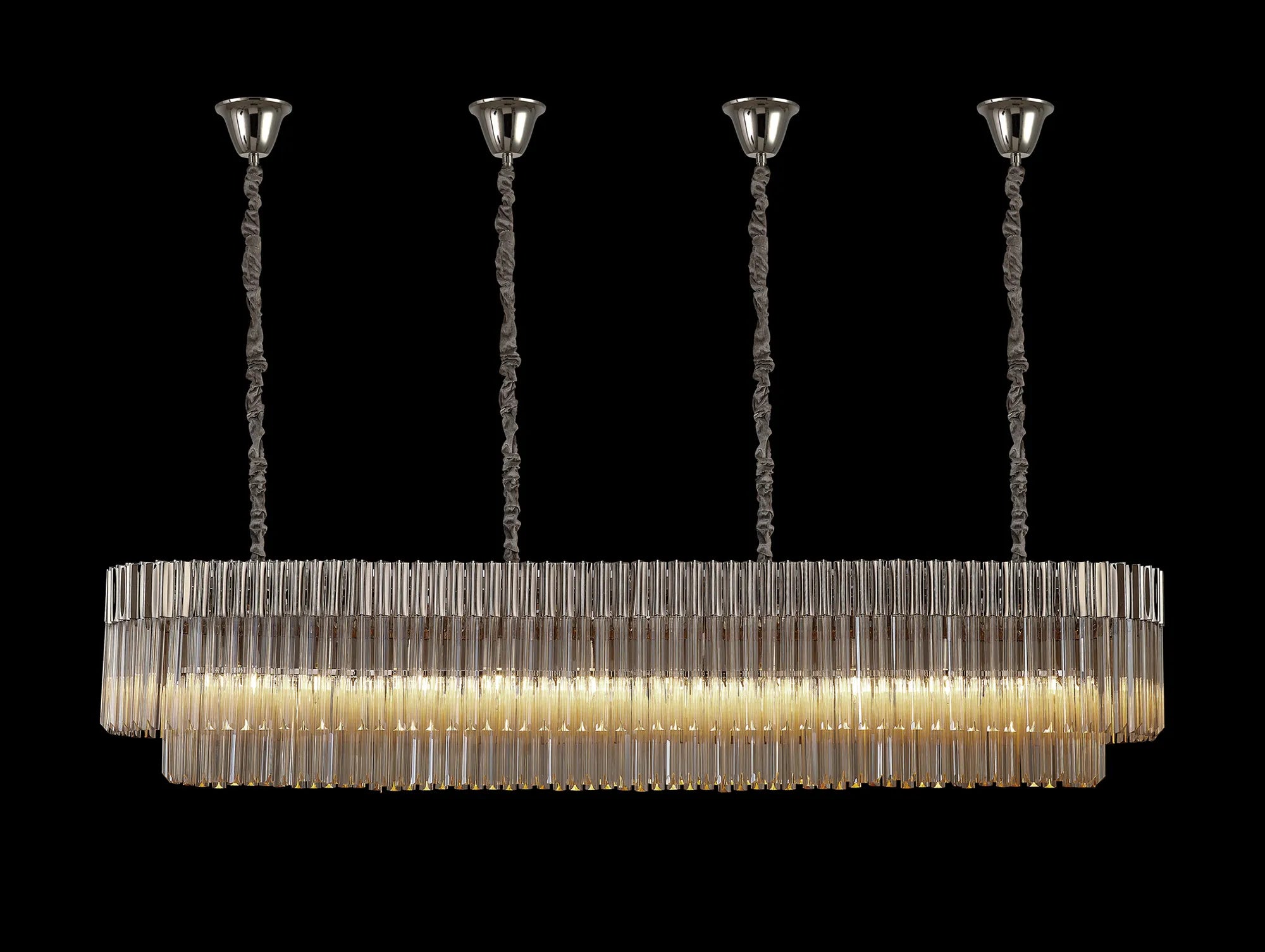 Cedar 200 x 40cm Linear Pendant With Bell Cup 10 Light - Polished Nickel & Cognac Sculpted Glass